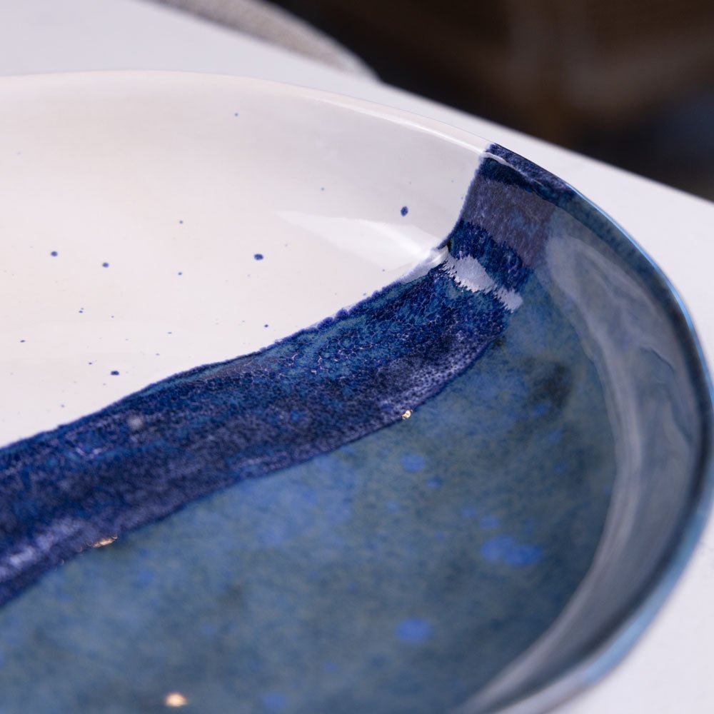 Large Stoneware Decorative Serving Bowl - Handcrafted Blue and White Ceramic Bowl for Fruit, Salad, Pasta | Perfect for Dining Table Centerpiece, Kitchen Decor, and Gift Giving