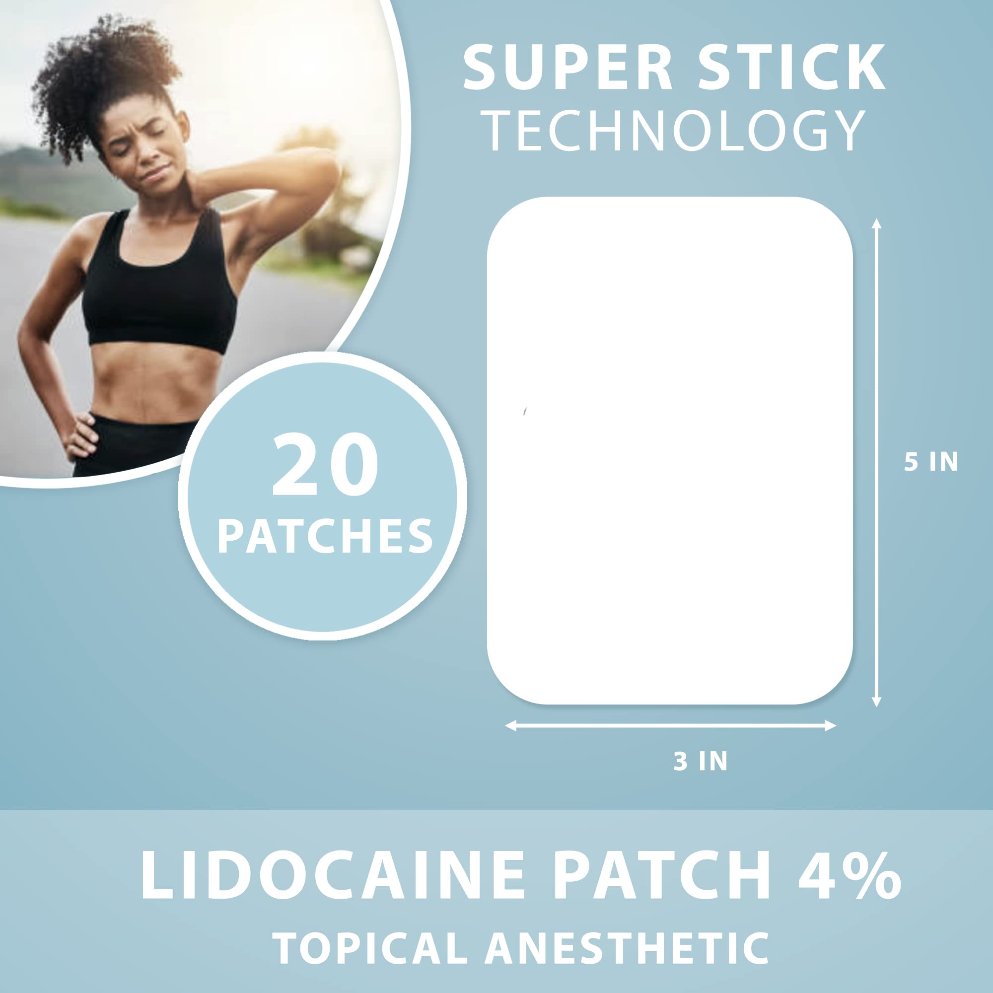 Curist Super Stick Lidocaine 4% Pain Relief Patches - 20 Count (3x5 Inches) for Back, Neck & Muscle Pain - Long-Lasting Adhesive Topical Analgesic - Perfect for Post-Workout Recovery, Arthritis & Chronic Pain Relief