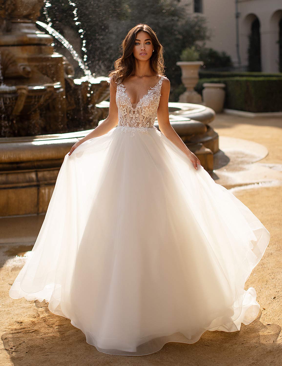 2024 Sexy V-Neck Long Lace Wedding Dress with Beaded Details - Ivory Boho Beach Bridal Gown for Plus Size Women (Size 22) | Perfect for Beach Weddings, Boho Chic Ceremonies & Destination Elopements