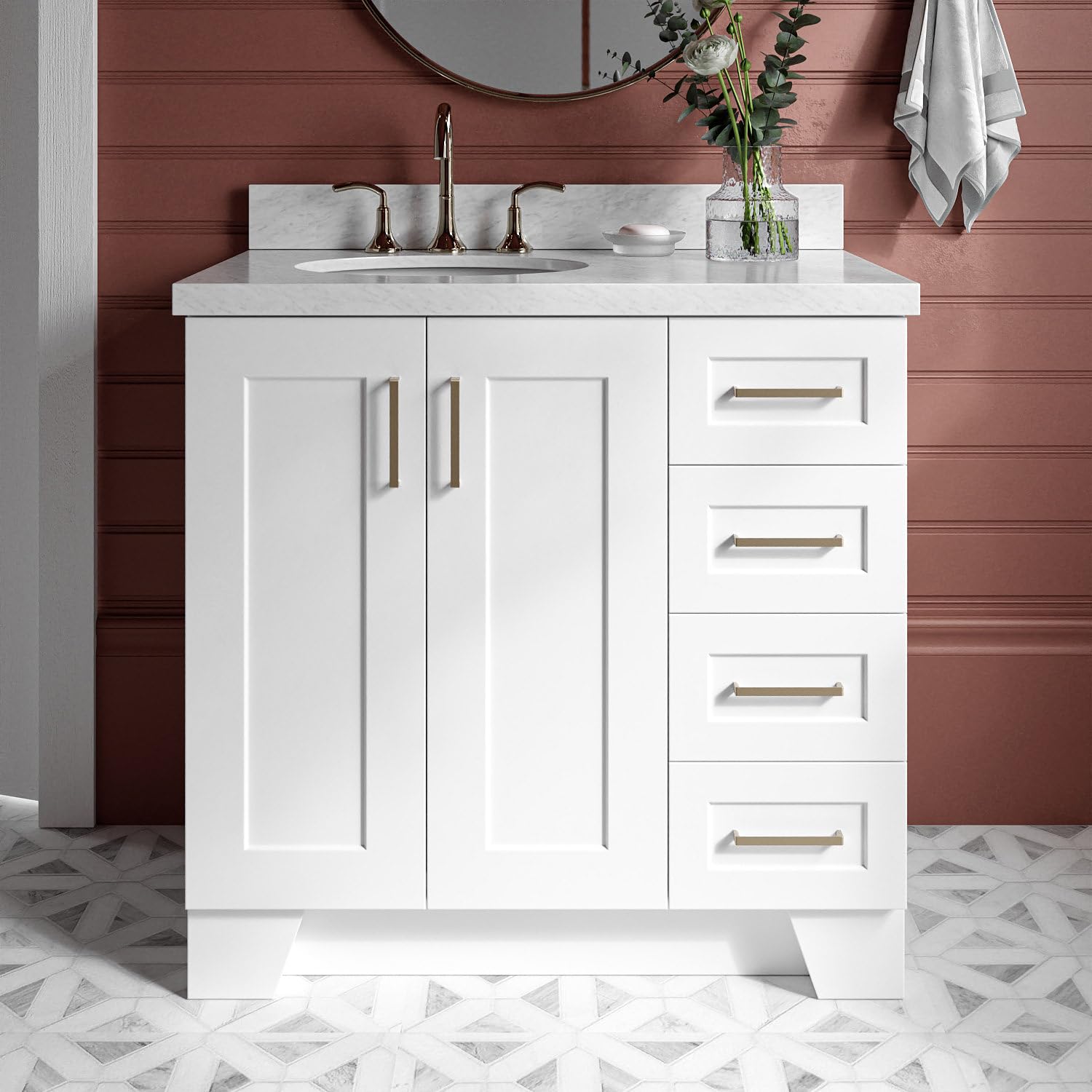ARIEL Taylor 37 Inch White Bathroom Vanity with Sink - Solid Wood Base Cabinet, Carrara Marble Countertop, Left Rectangular Undermount Single Sink, 2 Soft Closing Doors & 5 Drawers - Perfect for Modern Bathroom Renovation, Small Space Design, and Luxury Home Upgrade