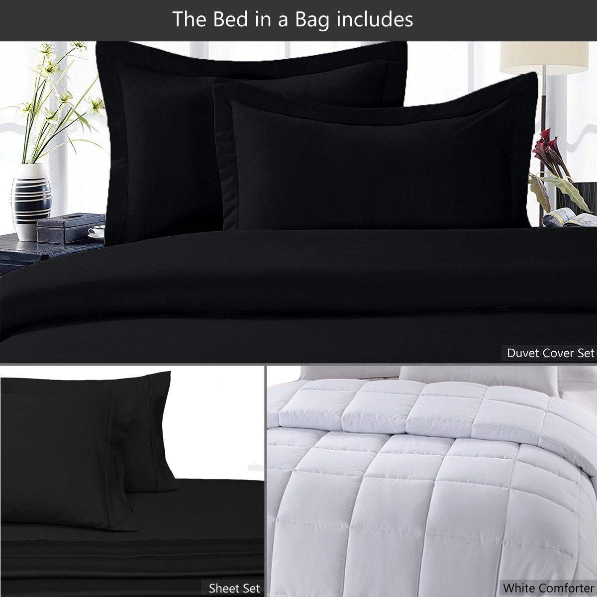 8-Piece California King Bed in a Bag Set - 100% Cotton 300TC Solid Black Sheet & Duvet Cover + All-Season White Down Alternative Comforter | Luxury Bedding for Master Bedrooms, Guest Rooms & Vacation Homes
