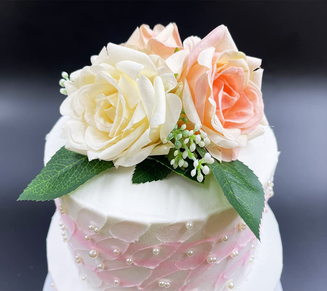Vintage Boho Rose Flower Cake Topper - 8.7 Inch Artificial Pink Rose Wedding Cake Decor for Bridal Shower, Anniversary & Birthday Parties (Set of 3) - Perfect for Wedding Cakes, Cupcakes, Dessert Tables and Special Occasion Decorations
