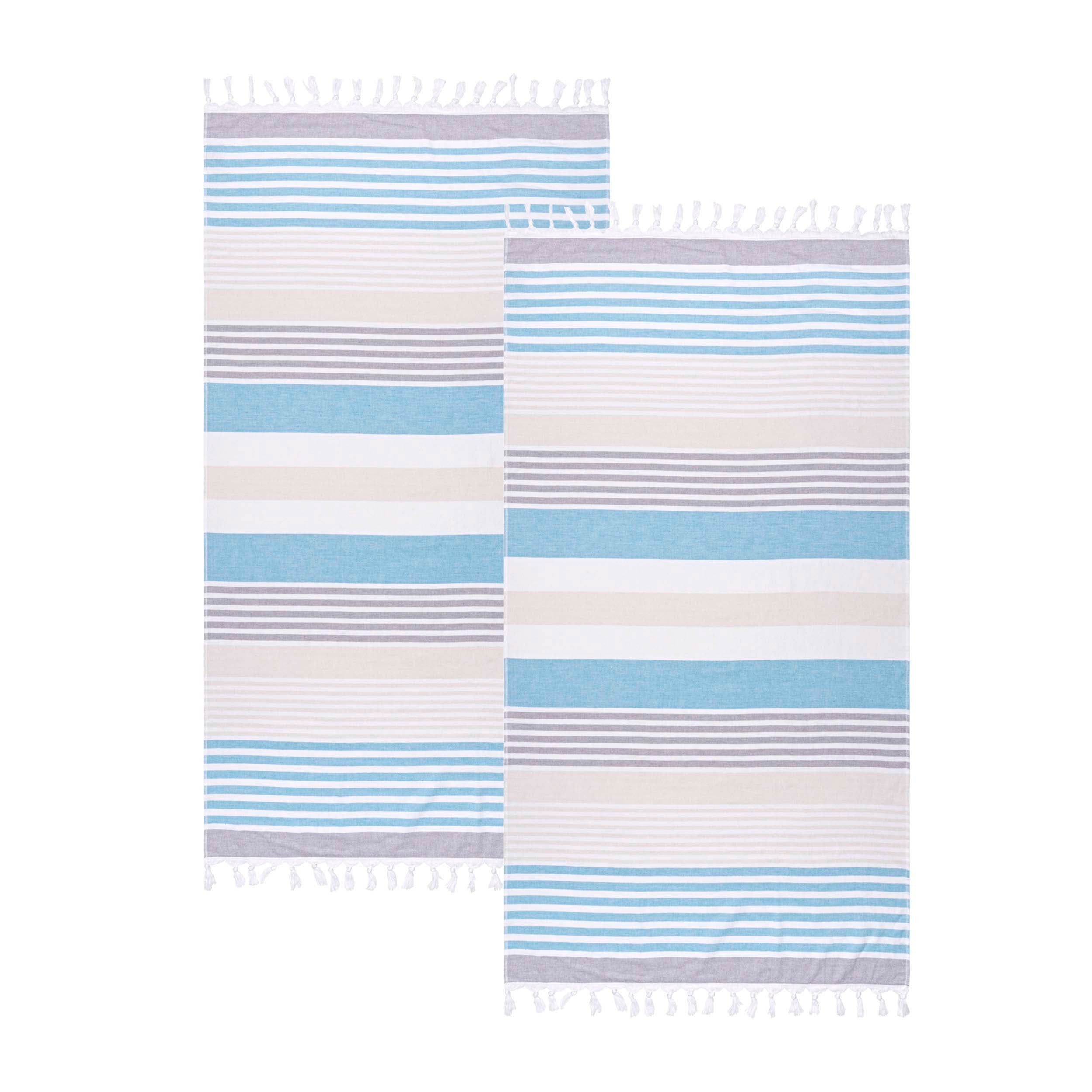 Meera Stripe Fouta 2-Piece Beach Towel Set with Tassels | Soft Quick-Dry Turkish Cotton Towels for Pool, Beach, Yoga & Spa | Perfect Summer Accessories