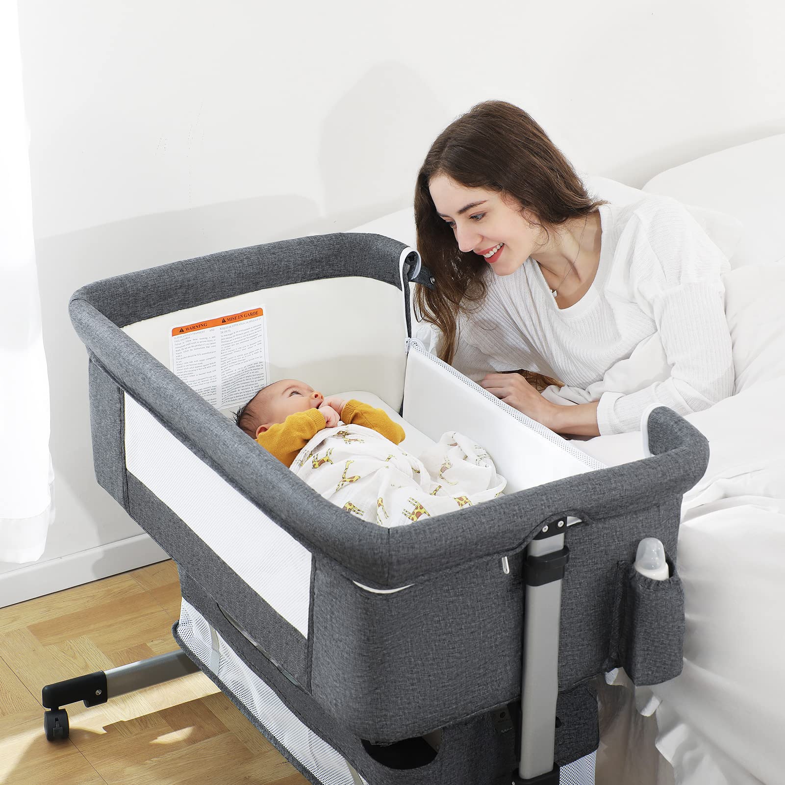 Ihoming Portable Baby Bassinet Bedside Sleeper - Adjustable Newborn Crib with Storage Basket & Easy Folding Design, Gray | Perfect for Nursery, Bedroom Co-Sleeping & Travel Use