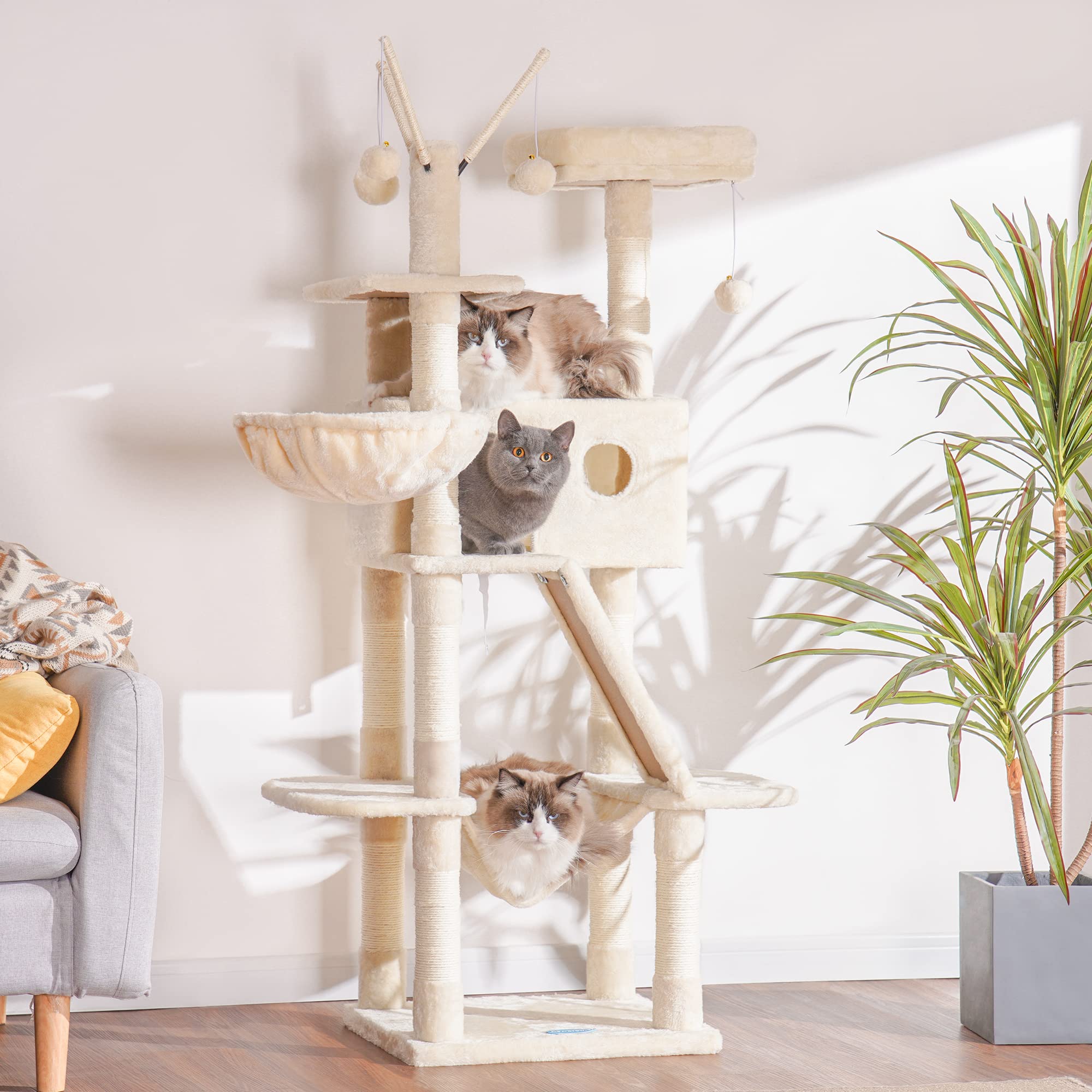 Hey-brother 61-inch Cat Tree for Indoor Cats - Multi-Level Cat Tower with Cozy Condo, Padded Bed, Hammocks & Sisal Scratching Posts - Perfect for Play, Rest & Climbing - Beige 0MPJ019M