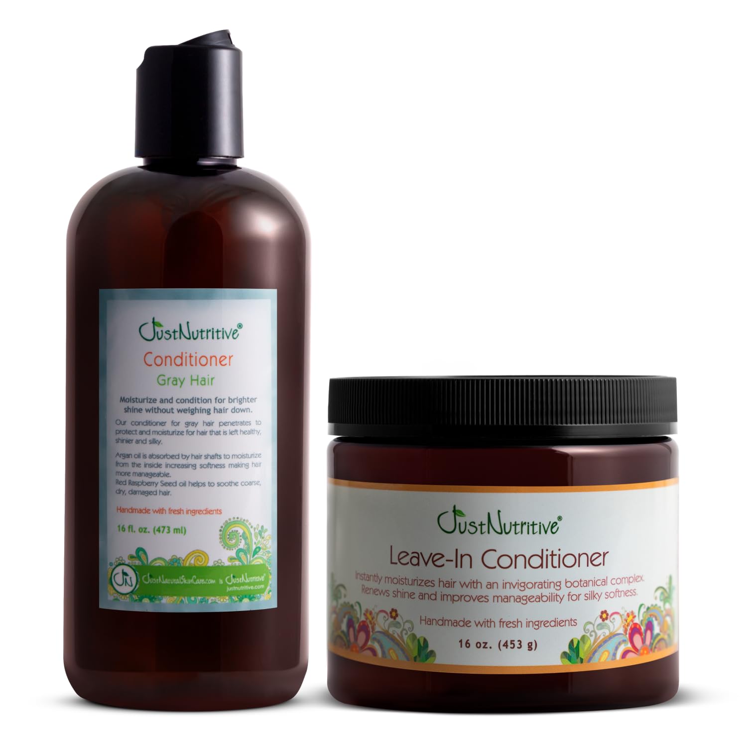 Just Nutritive Gray Hair Conditioner & Leave-In Conditioner 16 oz Duo – Moisturizing & Hydrating for Gray Hair with Natural Ingredients | Perfect for Dry, Damaged Hair at Home or Salon