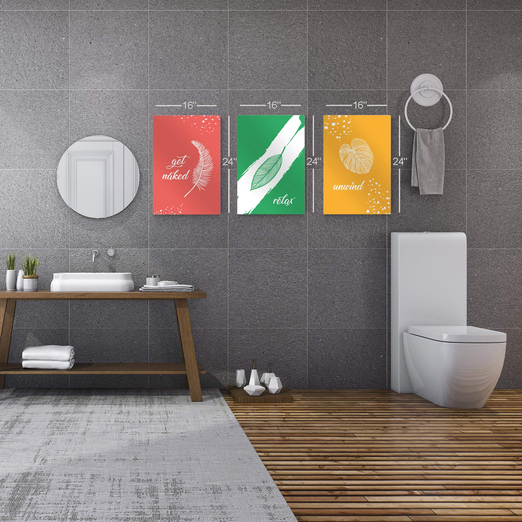Smile Art Design 'Get Naked, Relax, Unwind' 3-Piece Metal Wall Art Set - Funny Bathroom Signs & Decor (24x16 Inches Each) - Perfect for Bathroom, Toilet, Spa & Home Wall Decor - Ready to Hang