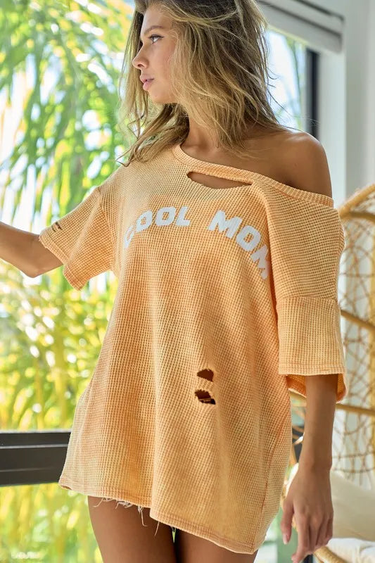 Stylish BiBi Washed Laser Cut Thermal Top for Women - Trendy Cool Mom Print Long Sleeve Shirt - Perfect for Fall Layering, Casual Outings & Everyday Comfort