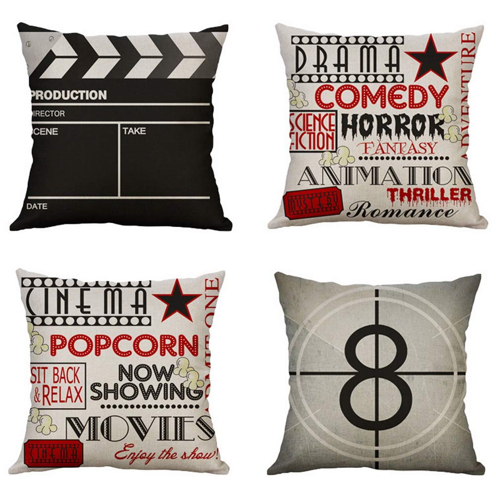 4 Pack Floral Movie Pattern Pillow Covers - 18x18 Inch Cotton Linen Throw Pillow Cases for Sofa, Bed, Couch - Home Decor Cushion Covers with Sunshine Design - Perfect for Living Room, Bedroom & Home Theater Decor