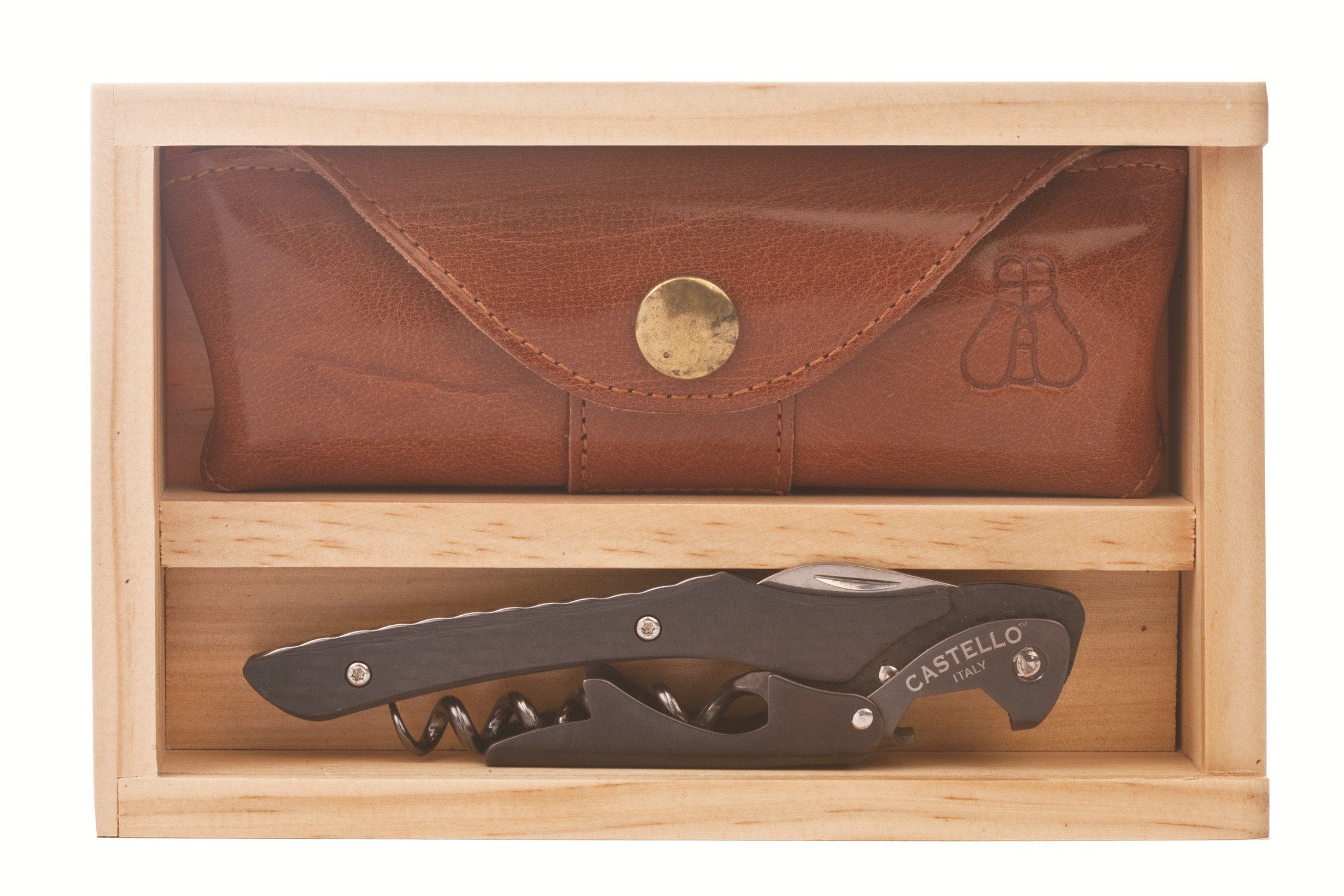Premium Castello Carbon Fiber Waiter's Corkscrew with Genuine Leather Pouch - Elegant Wood Gift Box - Perfect for Wine Lovers, Sommeliers & Restaurant Professionals