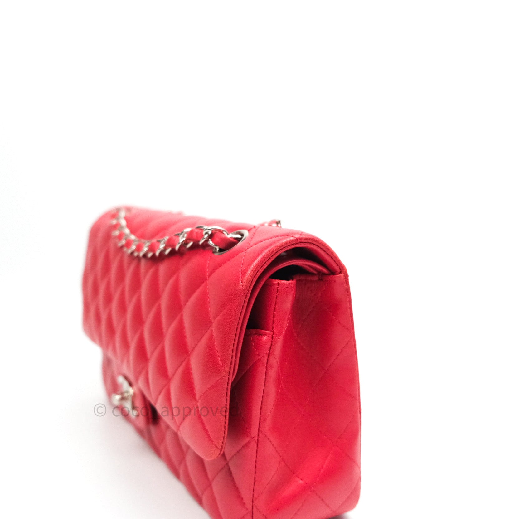 Chanel Classic Medium Double Flap Bag - Red Lambskin Leather with Silver Hardware | Luxury Handbag for Women, Perfect for Date Night & Special Occasions