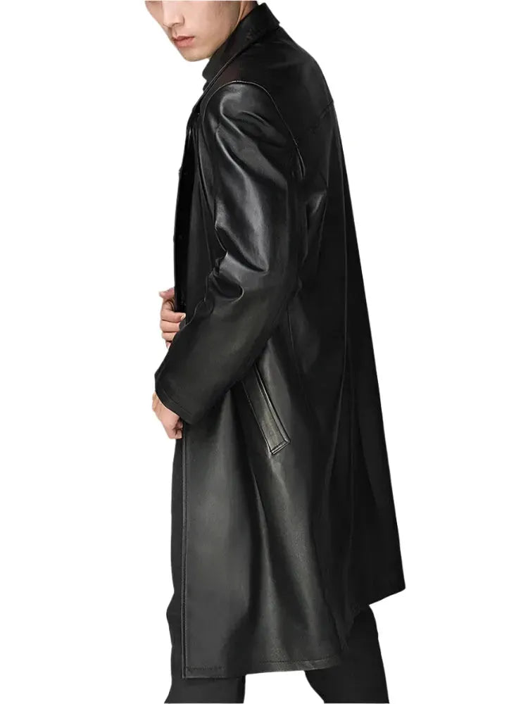 Premium Men's Genuine Leather Overcoat - Classic Long Trench Coat for Winter, Business & Formal Occasions