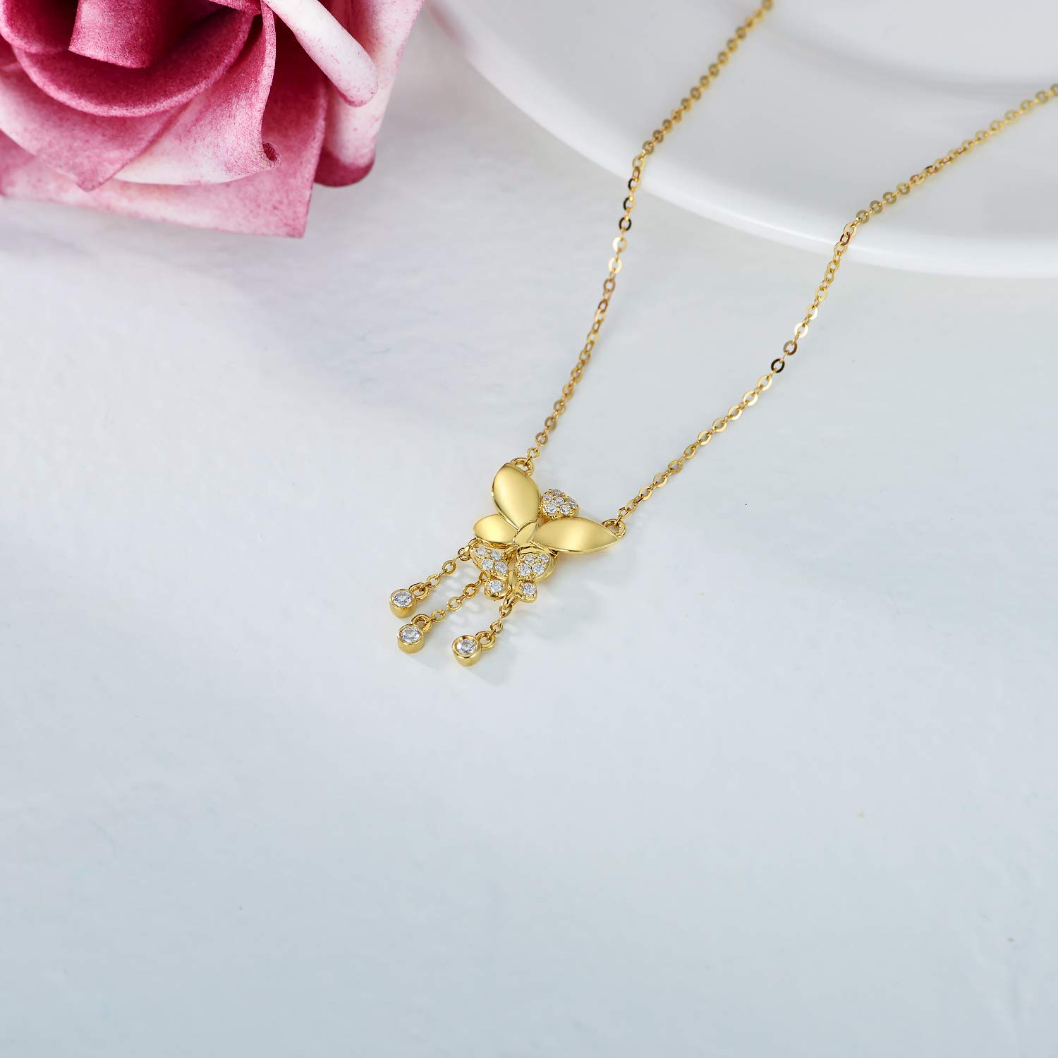 14K Real Gold Butterfly Pendant Necklace for Women - Yellow Gold Moissanite Heart Butterfly Necklace, 16