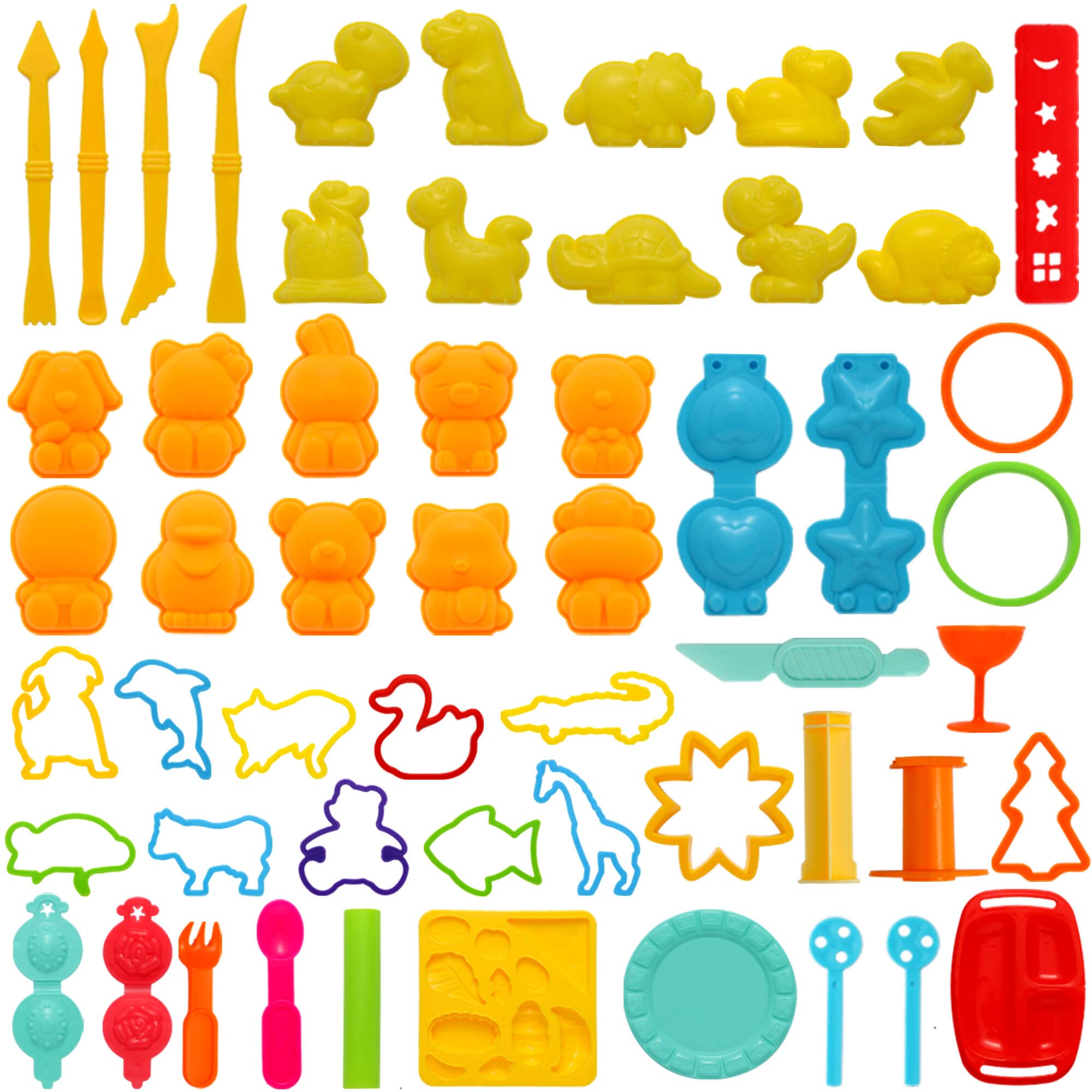 FRIMOONY Kids Dough Tools Set - 55 PCS with Animal Molds & Roller for Creative Play | Random Colors | Perfect for Preschool Learning, Arts & Crafts, and Sensory Development Activities