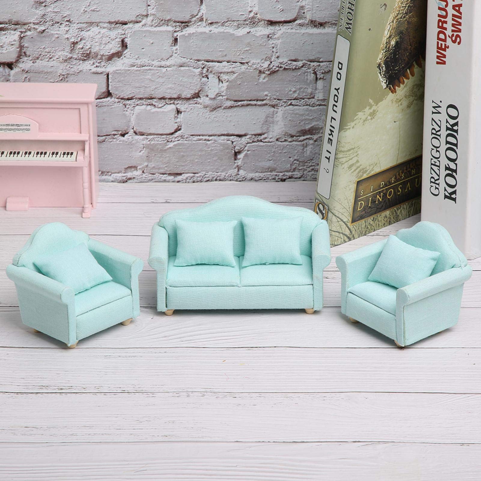 1:12 Scale Miniature Dollhouse Furniture Set - 3Pcs Green Fabric Sofa with Pillows for Dollhouse Accessories | Perfect for DIY Dollhouse Decor, Collectors Display and Miniature Scenes