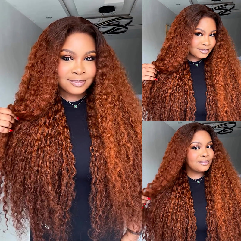 Eullair Dark Ginger Kinky Curly Lace Frontal Wig with Dark Brown Roots - Pre-Colored Glueless Human Hair Wig for Women | Natural Look for Parties, Weddings & Daily Wear