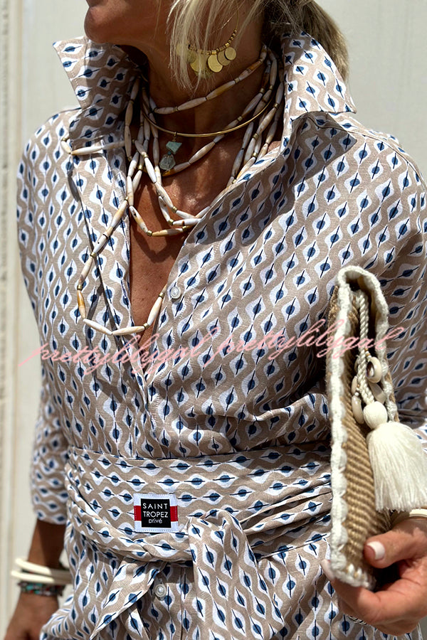 Summer Splendor Printed Button Half Sleeve Belt Loose Shirt Midi Dress - Flowy Boho Chic Outfit for Beach Vacation, Date Night & Casual Wear