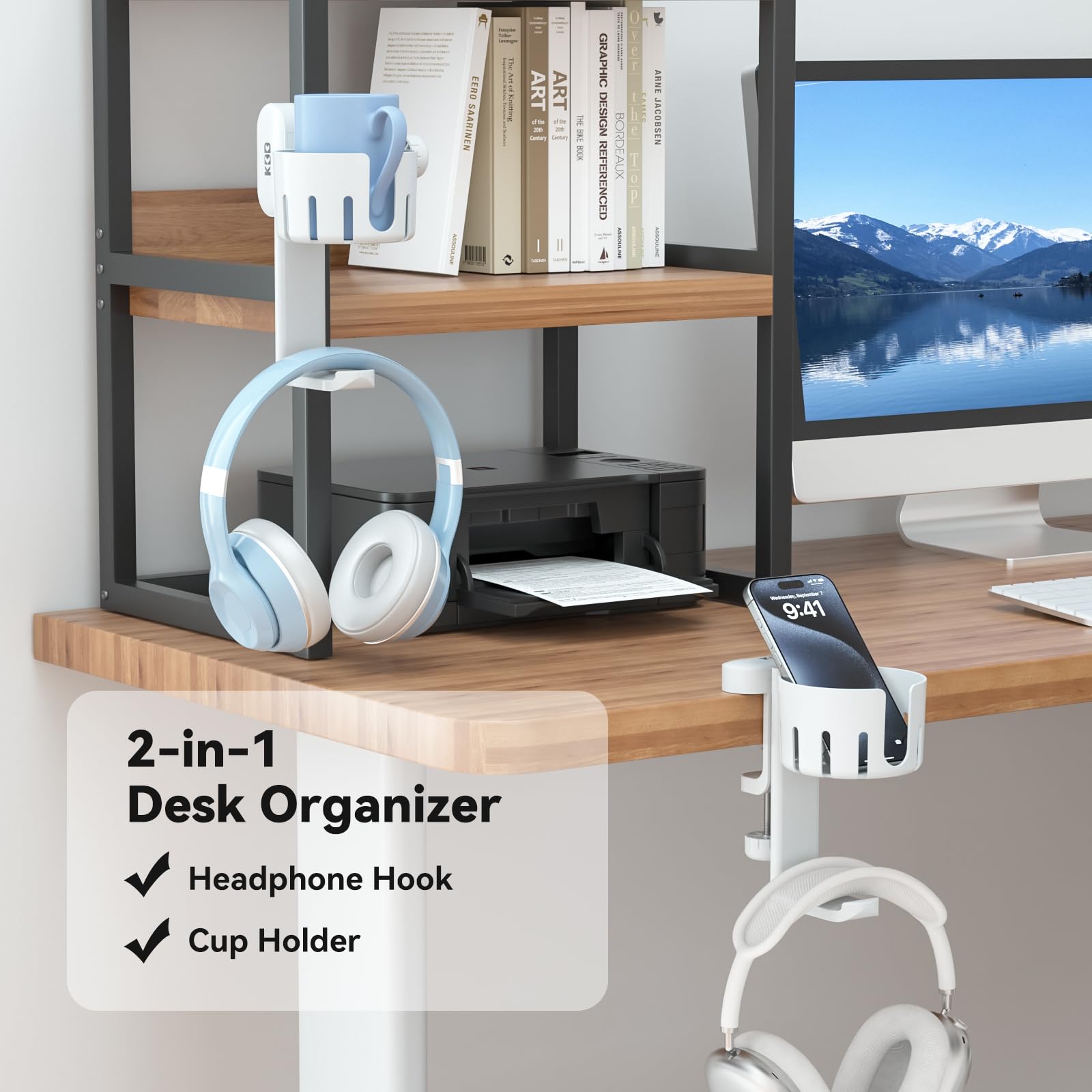 2 in 1 Rotatable Under Desk Headphone Hanger & Cup Holder - Space Saving Clamp Mount for Gaming Headsets, Coffee Mugs & Water Bottles - Perfect for Home Office, Gaming Setup & Workspace Organization (White)