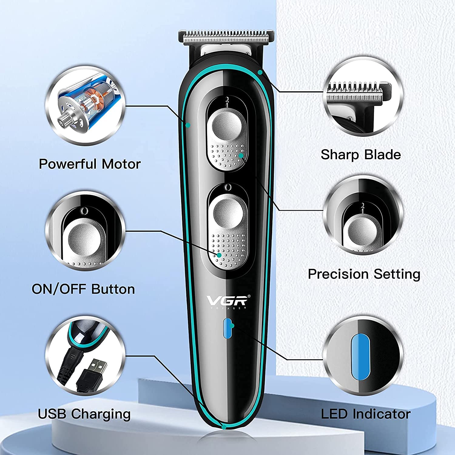 Professional Cordless Beard & Hair Trimmer Kit for Men - VGR V-055 Wireless Grooming Trimmer with 4 Guide Combs, Brush & USB Charging Cable - Rechargeable Li-ion Battery (120 Min Runtime) - Black - Perfect for Home, Travel & Pet Grooming