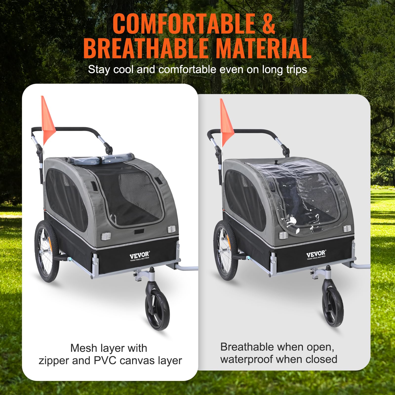 VEVOR 2-in-1 Dog Bike Trailer & Pet Stroller - Heavy Duty 88 lbs Capacity Bicycle Carrier for Large Dogs - Foldable Frame with Quick Release Wheels, Universal Coupler, Safety Reflectors & Flag (Black/Gray) - Perfect for Cycling Adventures, Park Visits & Outdoor Activities with Your Pet
