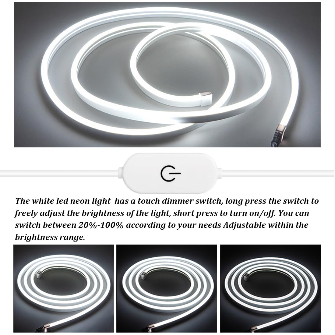 10ft 6500K White LED Neon Strip - USB Dimmable Touch Control for Bedroom, Kitchen, Home Decor