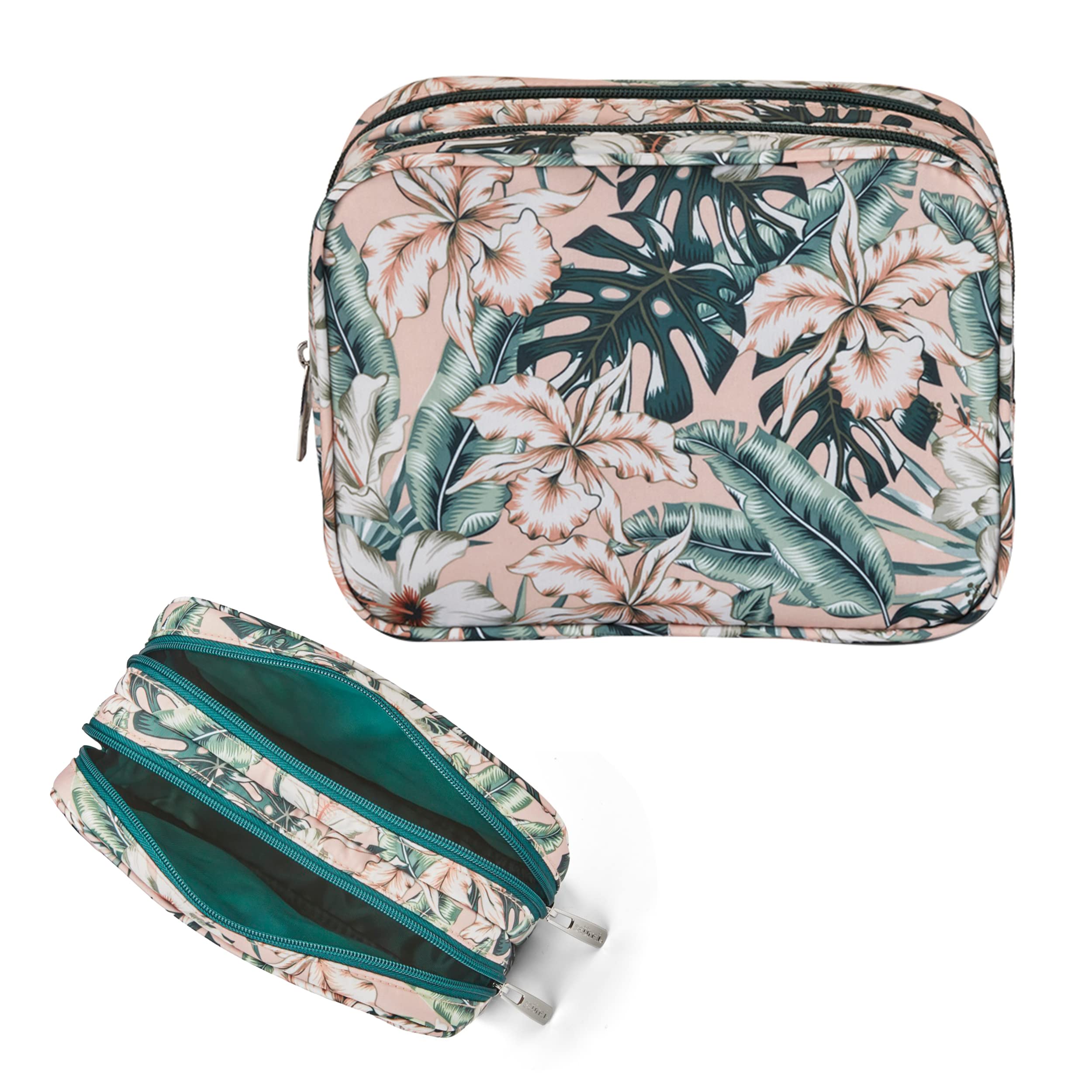 Conair Makeup Bag for Women - Double Zipper Travel Toiletry Organizer with Tropical Print - Perfect for Cosmetic Storage, Vacation Essentials & Gym Accessories