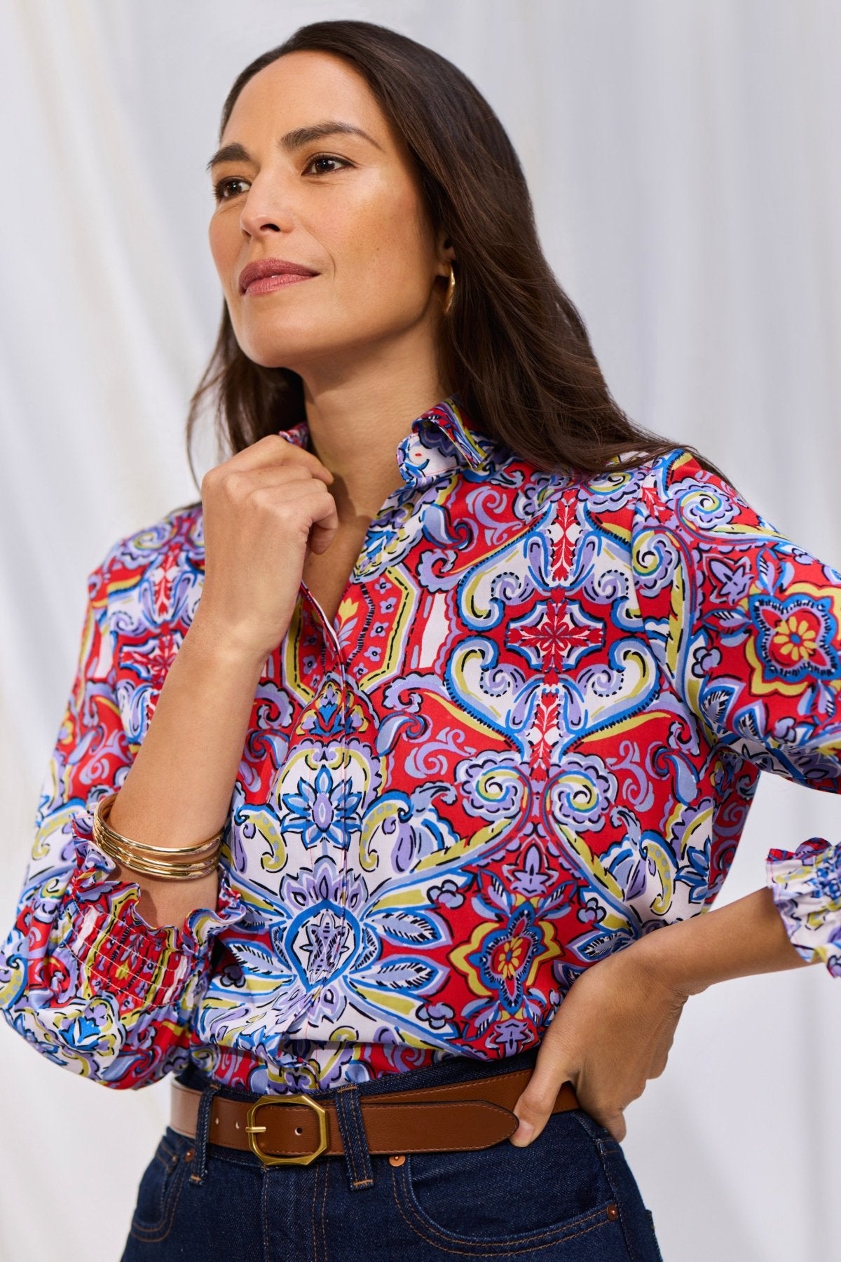 Olivia Mediterranean Tiles 3/4 Sleeve Blouse - Floral Print Women's Top for Casual Wear, Office & Date Night Outfits