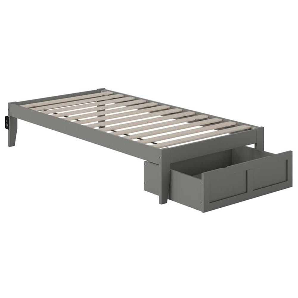BOWERY HILL Modern Gray Wood Twin Bed with Foot Drawer & USB Charger - Space-Saving Storage Bed for Small Bedrooms, Guest Rooms & Kids Rooms
