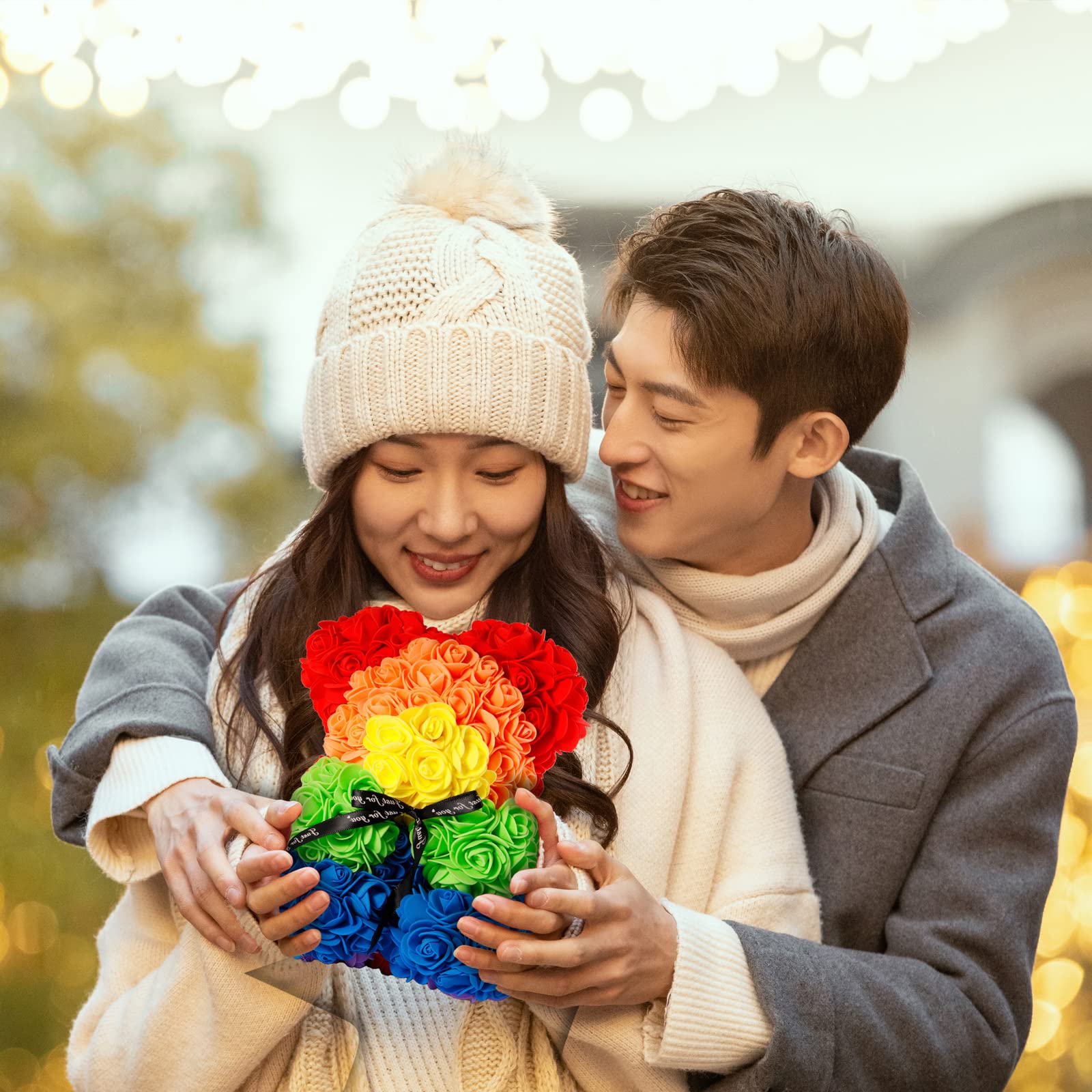 10 Inch Artificial Rose Flower Bear - Romantic Rainbow Gift for Christmas, Graduation, Valentine's Day, Mother's Day, Anniversary, Birthday & Wedding - Perfect for Home Decor, Party Centerpieces & Surprise Gifts