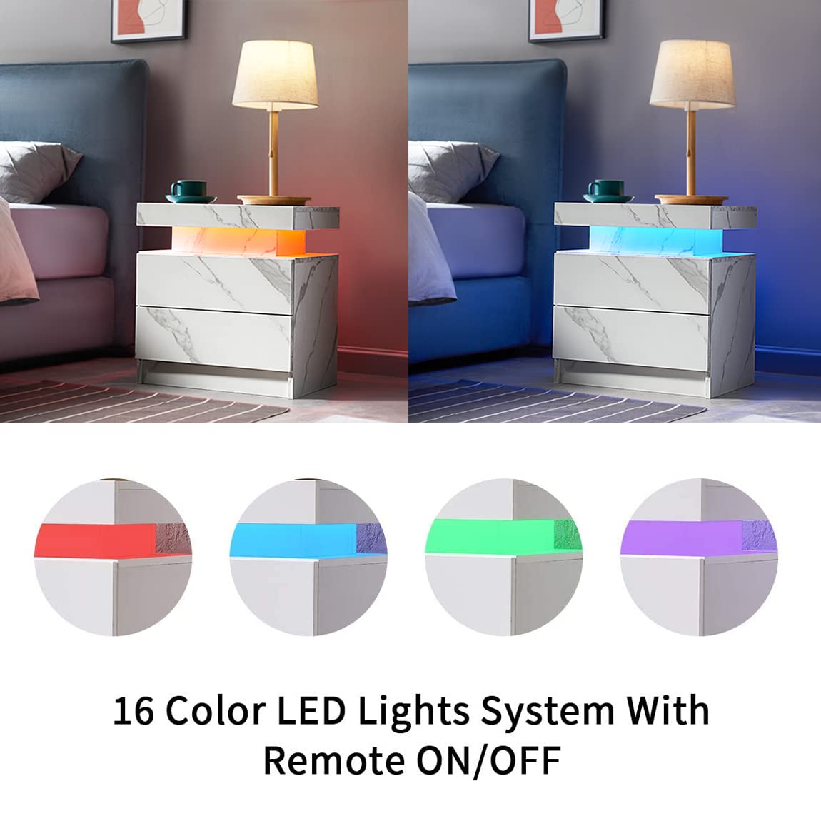 Modern LED Nightstand with 2 Drawers - White Marble Wooden Bedside Table with Touch Control Lights for Bedroom - Stylish End Table/Side Table for Living Room & Bedroom - Perfect for Reading, Charging Devices & Bedroom Decor
