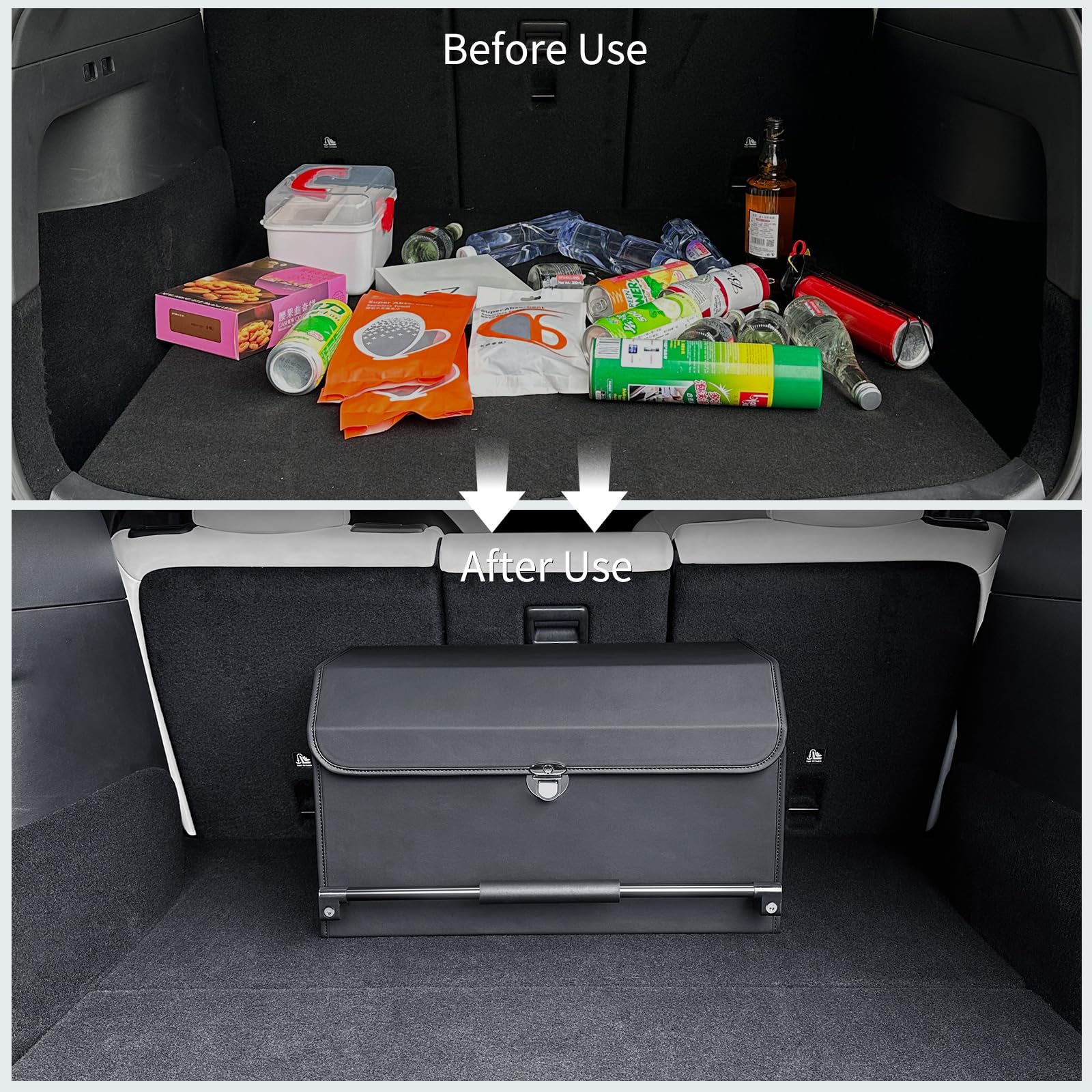Premium Leather Collapsible Car Trunk Organizer with Push-Pull Handle & Lid - 2 Compartment Large Storage Box for SUV, Minivan, Sedan | Perfect for Road Trips, Grocery Shopping & Car Organization (Black)