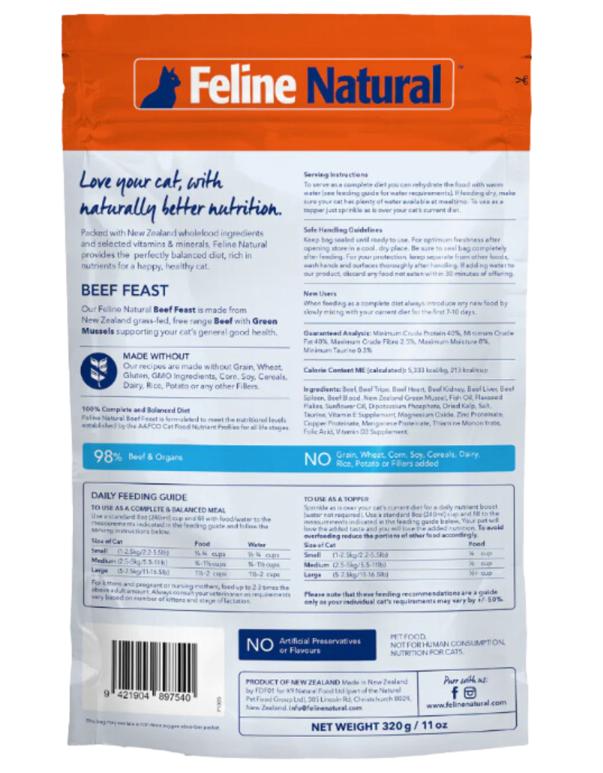 Feline Natural Freeze Dried Beef Cat Food - Grain Free, High Protein Raw Cat Treats - 320g for Adult & Senior Cats - Perfect for Travel, Training & Digestive Health