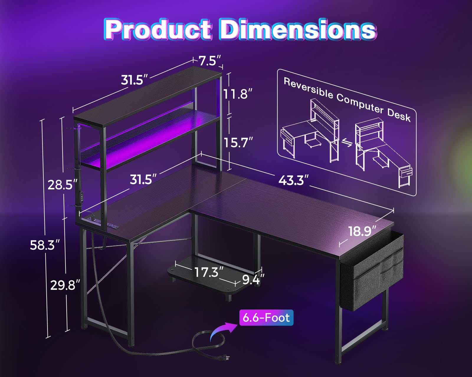 AODK 43 Inch L-Shaped Gaming Desk with LED Lights & Power Outlet - Reversible Corner Computer Desk with Storage Shelf, Bag & Hook - Ergonomic Home Office & Gaming Workstation (Black) - Perfect for Small Spaces, Streaming Setup & Multi-Monitor Workstations