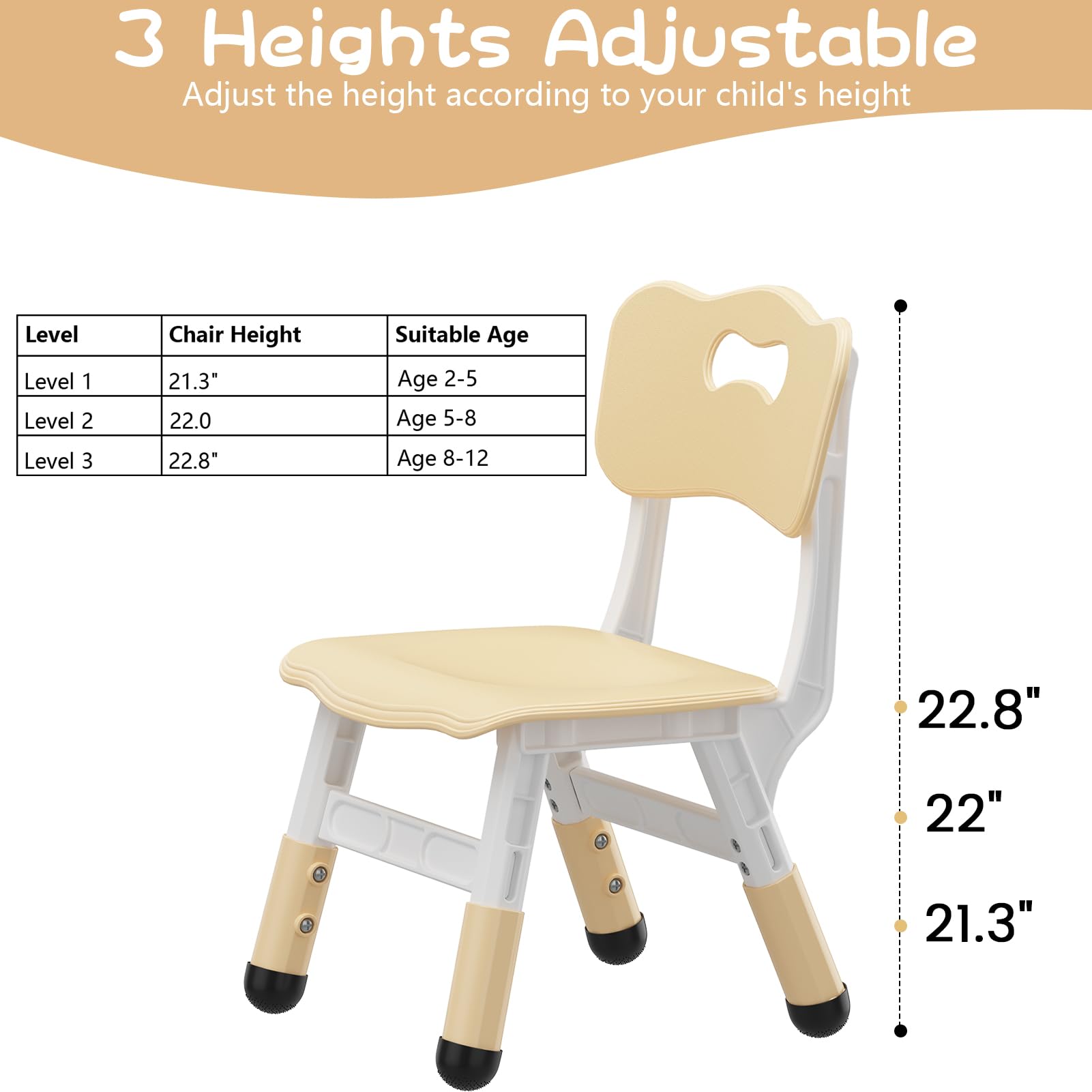 GAOMON Kids Chairs 2 Pack - 3 Level Height Adjustable Toddler Chairs for Boys & Girls Age 2-6, Durable Plastic Children's Chairs for Home, Classroom, Nursery - Natural Color (Perfect for Learning, Eating & Playtime Activities)