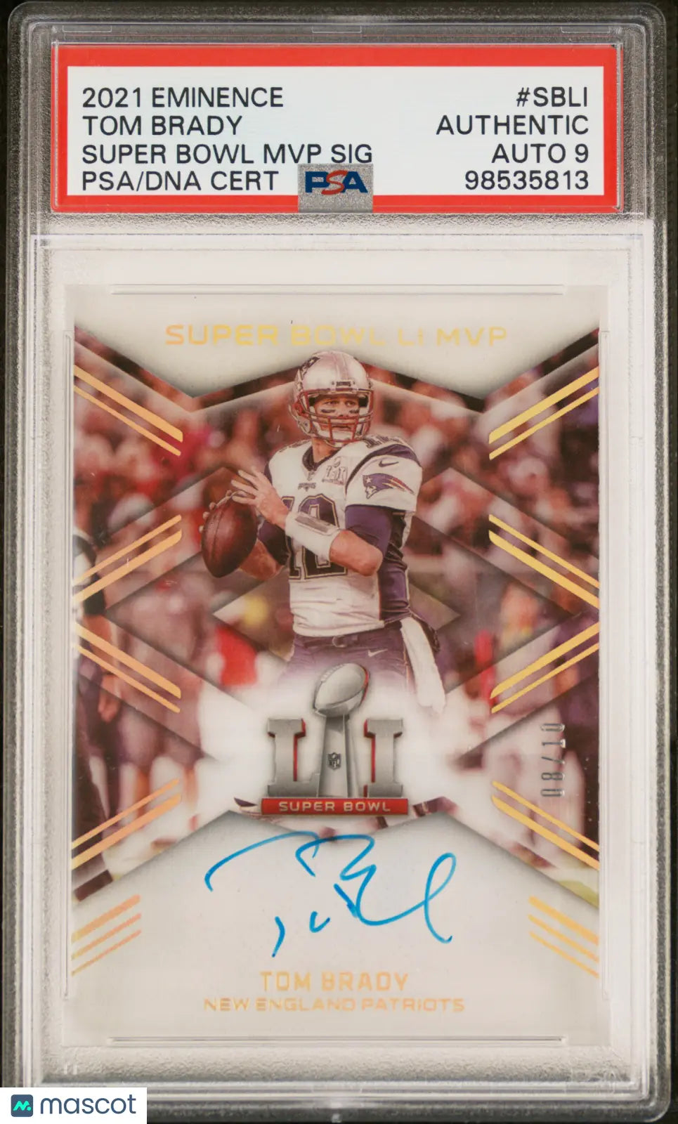 2021 Panini Eminence Super Bowl MVP Tom Brady Autographed Football Card #SBLI PSA Certified /10 - Perfect for Sports Collectors and NFL Memorabilia Enthusiasts