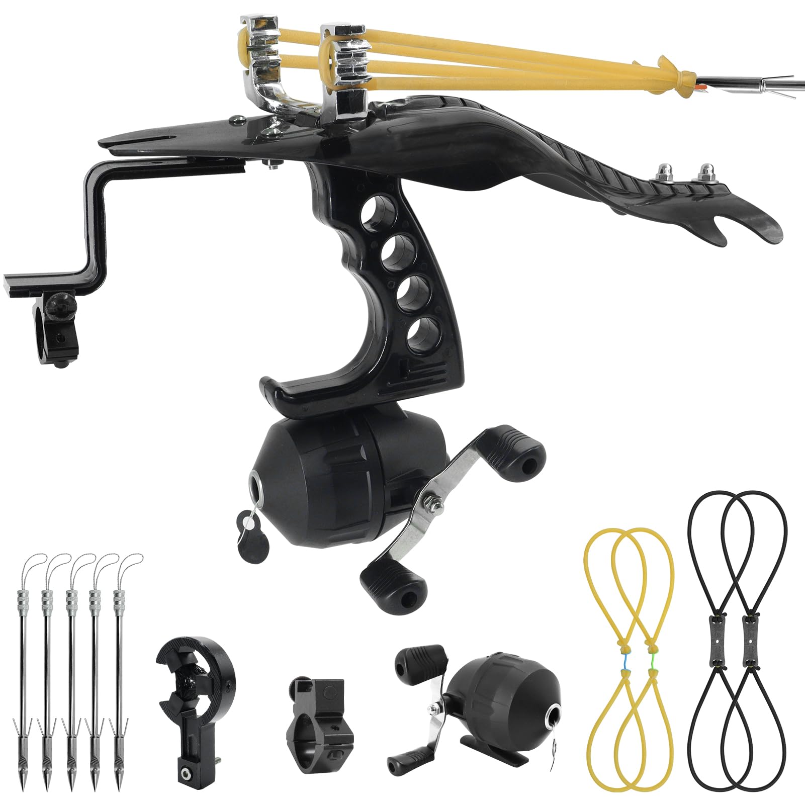 Professional Fishing Slingshot Kit with Reel - High-Power Catapult Sling Shot with Arrows, Brush Flashlight Bracket & 4 Rubber Bands - Includes 5 Fishing Broadheads - Perfect for Outdoor Hunting, Camping & Survival Gear