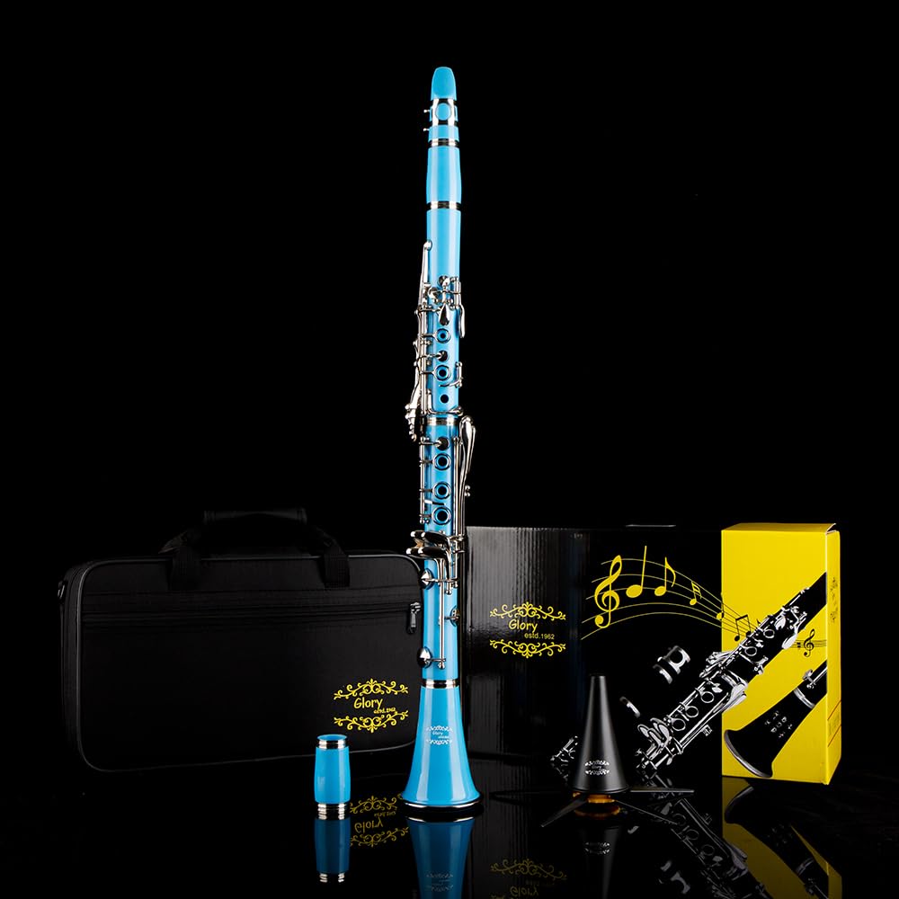 Professional Ebonite Bb Clarinet with 10 Reeds, Stand, Hard Case & Accessories - Light Blue/Silver | Ideal for Students, Beginners & Professional Musicians | Band, Orchestra & Solo Performances