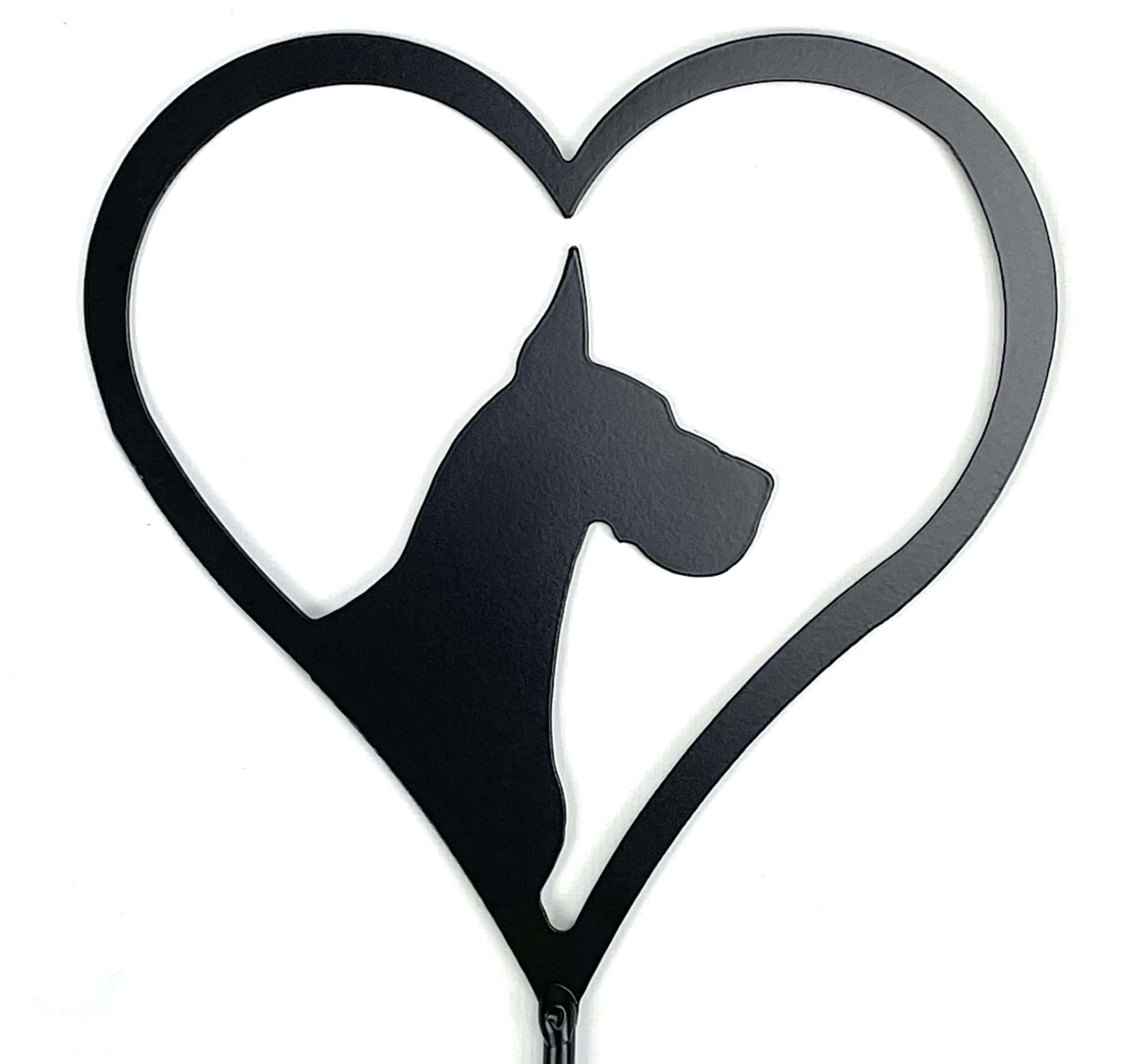 Great Dane Silhouette Metal Art - Heart Shaped Powder Coated Black Yard Stake, Grave Marker, Garden Decoration, Pet Memorial Gift
