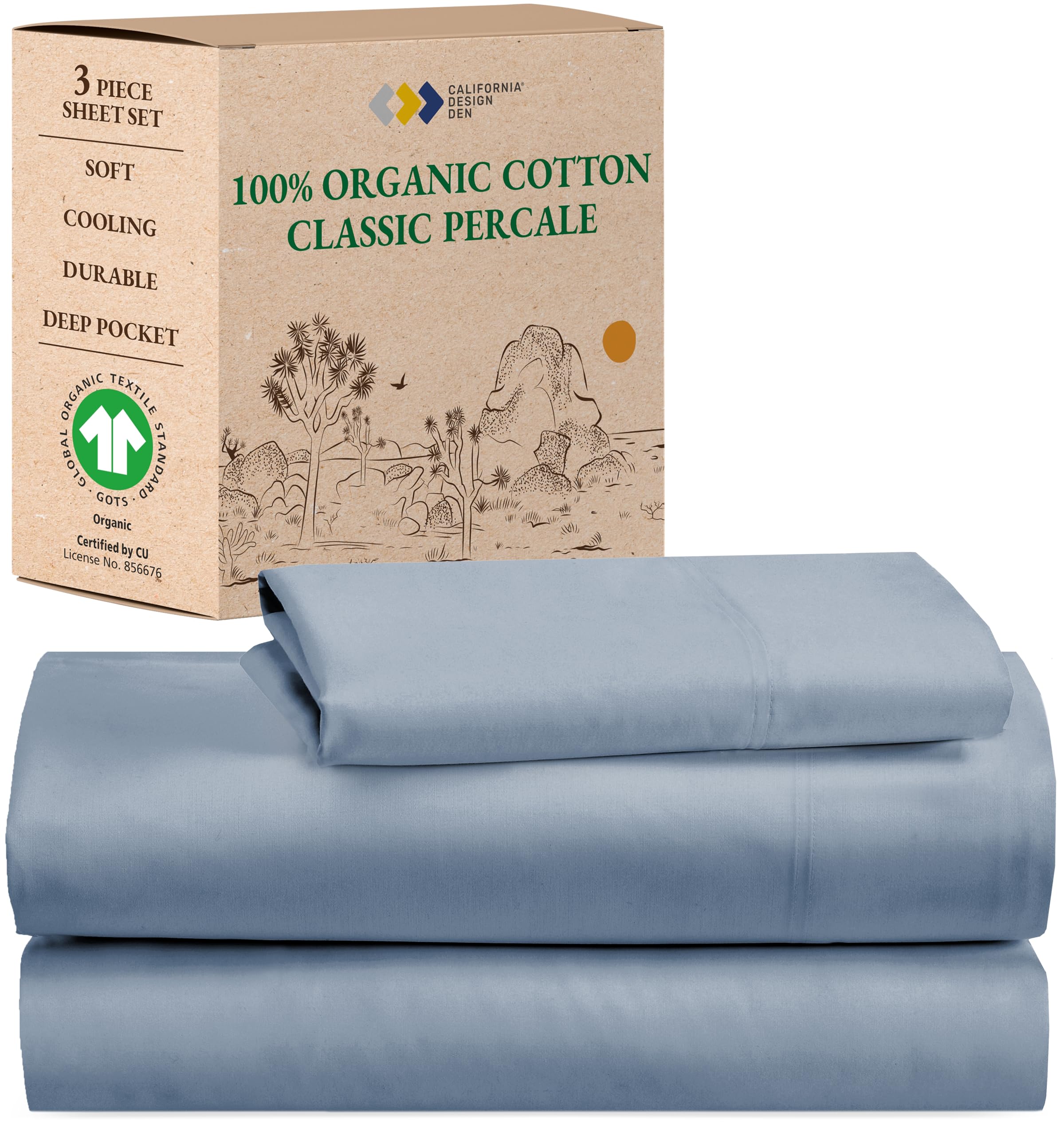 California Design Den 100% Organic Cotton Twin XL Sheet Set - Deep Pocket Percale Bed Sheets, GOTS Certified, Soft & Cooling - Blue Hydrangea Print for Dorm Rooms, Hospitals & Home Comfort