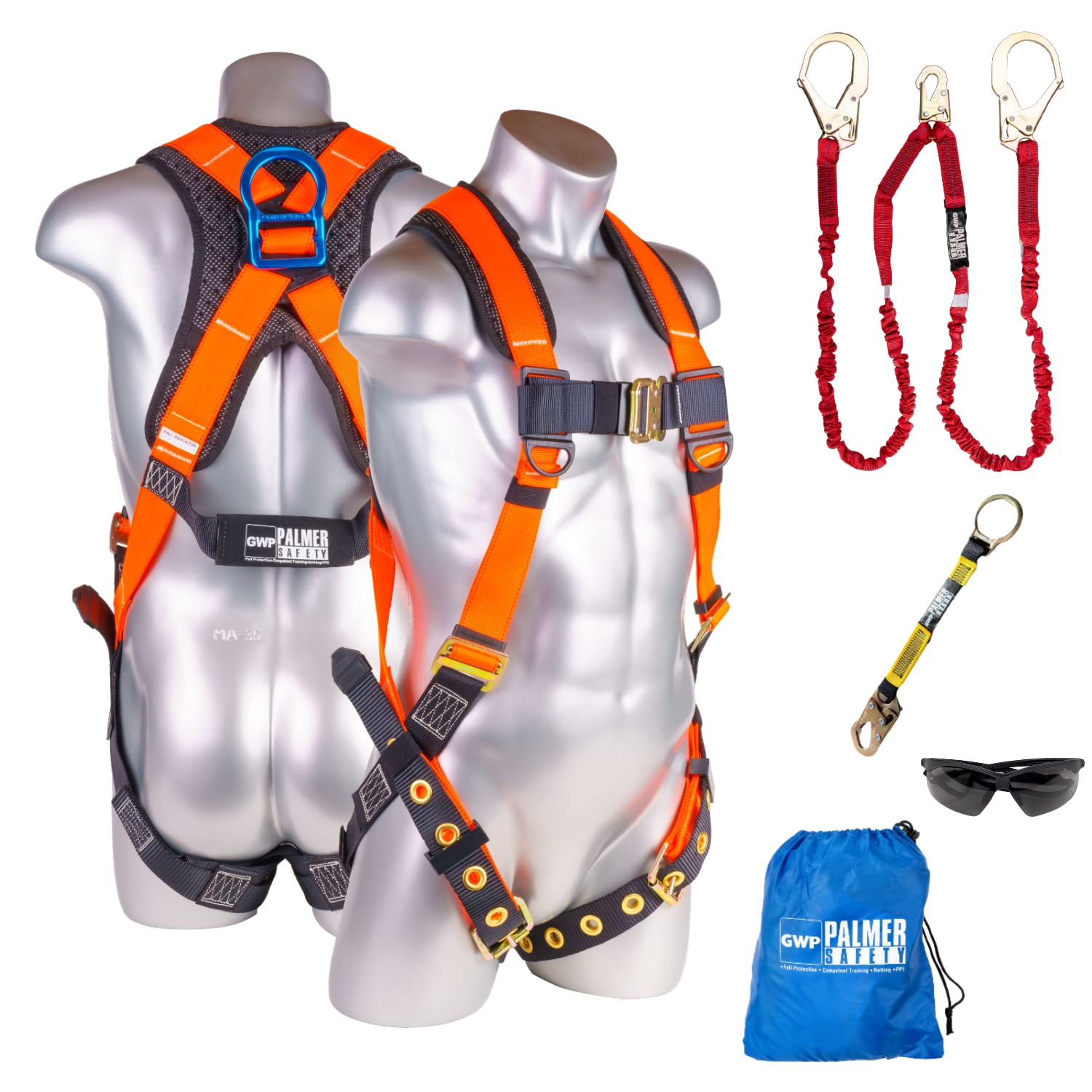 Palmer Safety Fall Protection Harness Kit - Construction Safety Harness with Adjustable Lanyard & D-Ring Extender | OSHA Compliant Full Body Harness for Roofing, Window Cleaning & Industrial Work