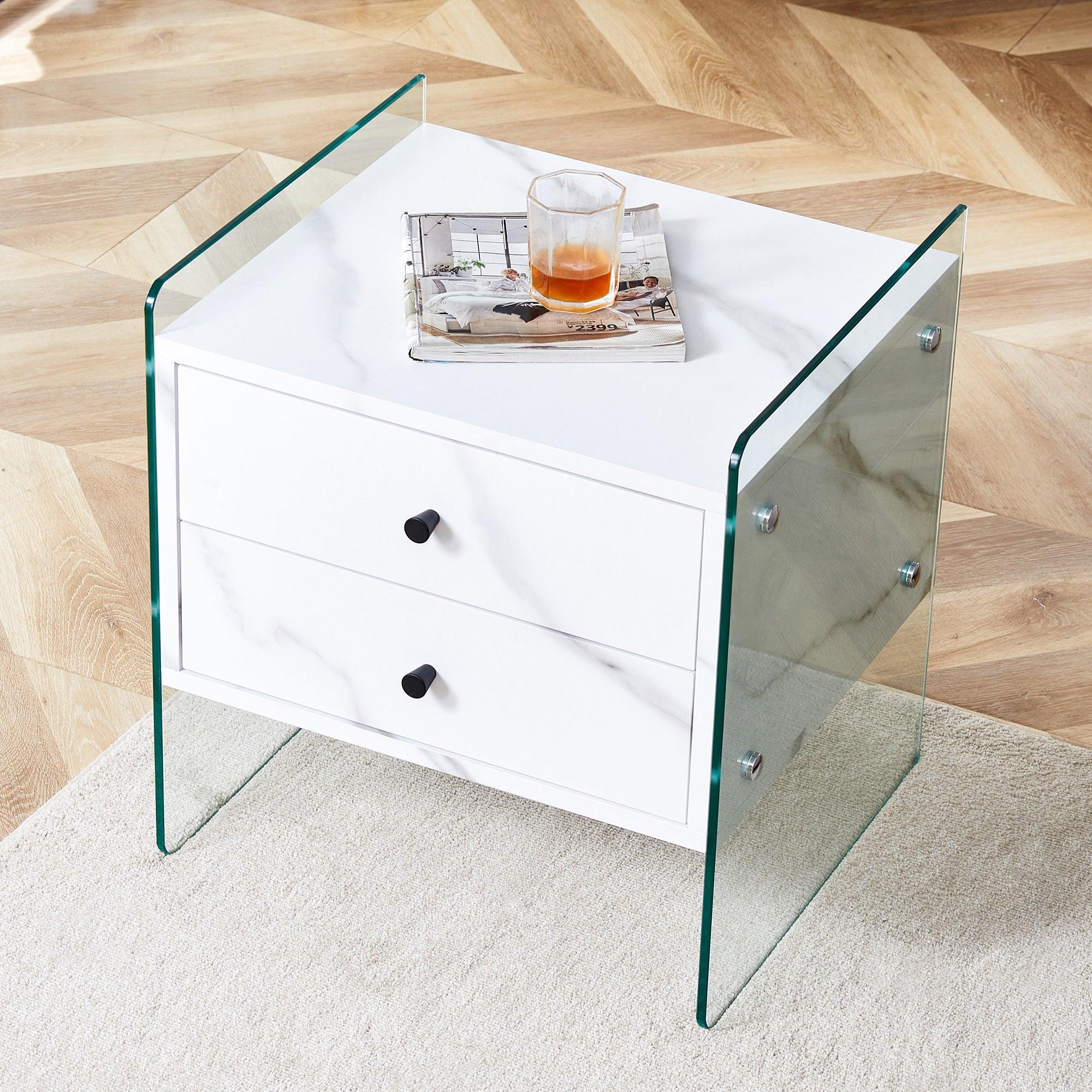 Modern Double Drawer Bedside Table with MDF Sticker Surface & Tempered Glass Sides - Simple Elegant Design, Excellent Storage for Bedroom, Living Room, or Office Use