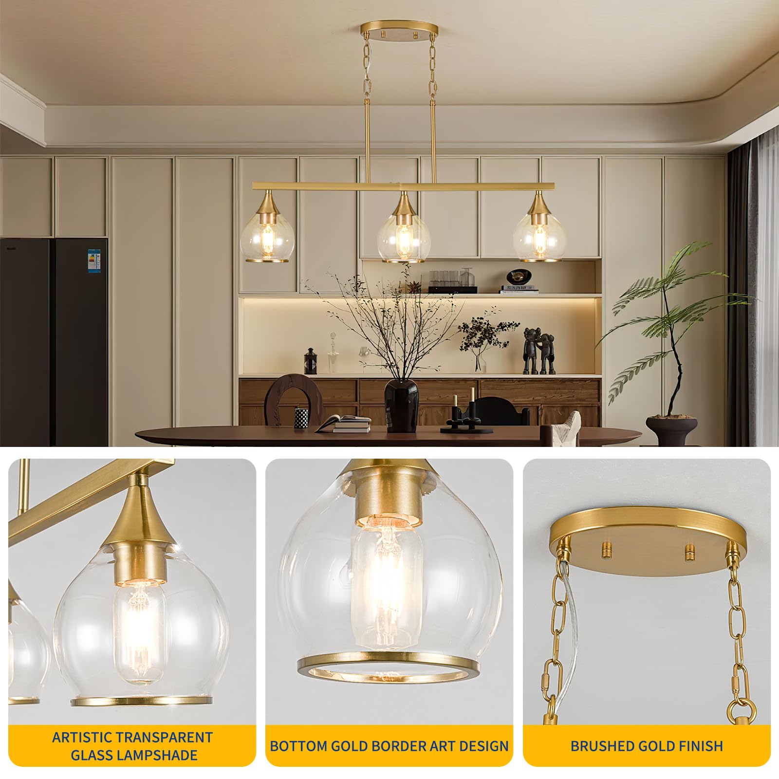 3-Light Gold Kitchen Island Linear Hanging Pendant Chandelier - Brushed Gold Dining Room Light Fixture with Clear Round Glass Shades - Perfect for Kitchen Islands, Dining Tables, and Breakfast Bars