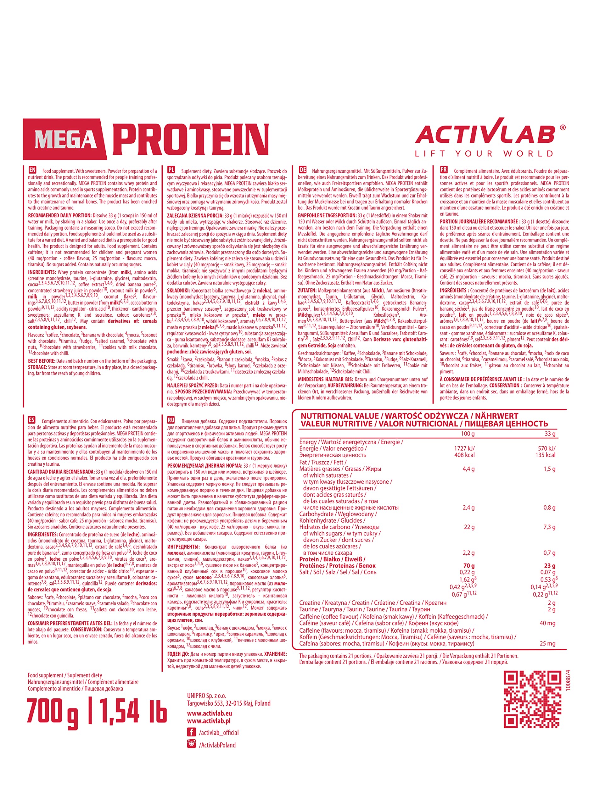 Activlab Mega Protein 700g Chocolate Nut Whey Protein Powder - Muscle Building Supplement with Creatine, Taurine & L-Glutamine - Includes Natural BCAAs - 21 Servings for Post-Workout Recovery & Fitness Nutrition