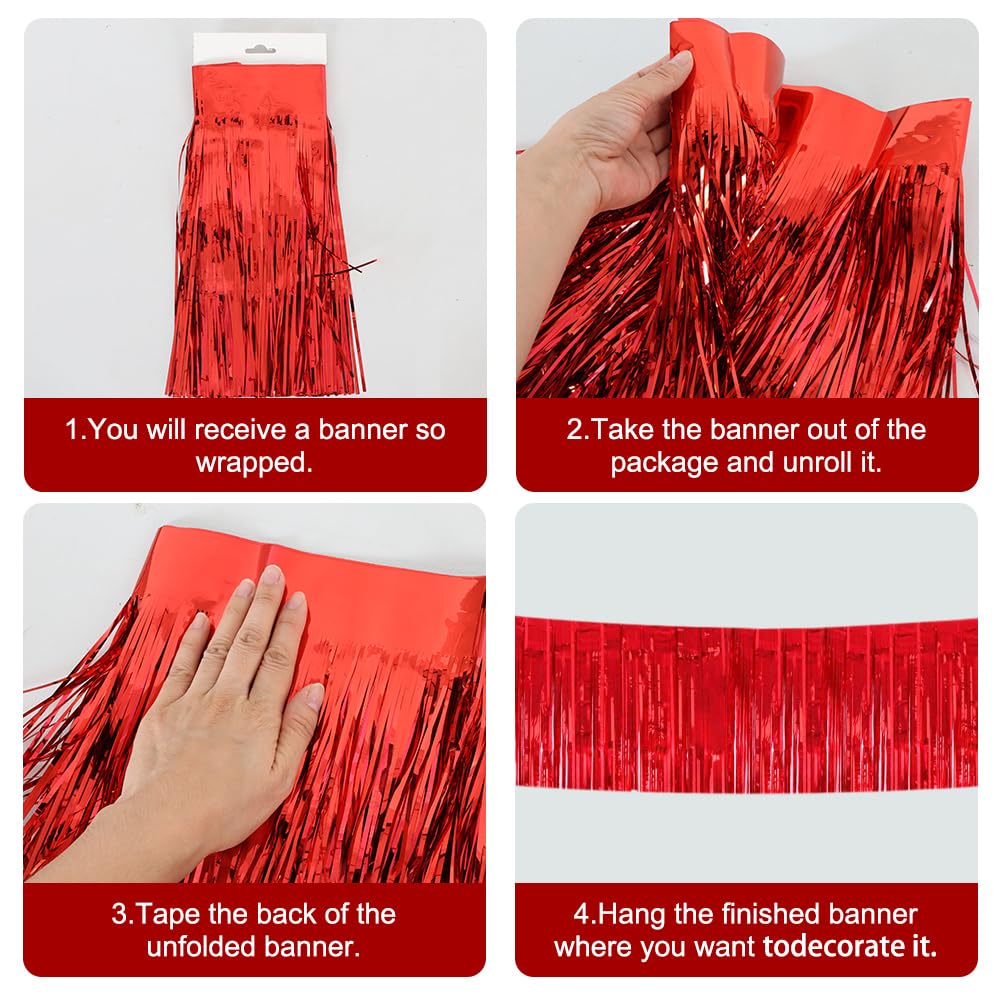 BEISHIDA 3-Pack 30ft Metallic Foil Fringe Garland - Shiny Red Tinsel Streamers for Wedding, Birthday, Christmas, Halloween & New Year Party Decorations - Perfect for Wall Hangings, Ceiling Decor & Photo Backdrops