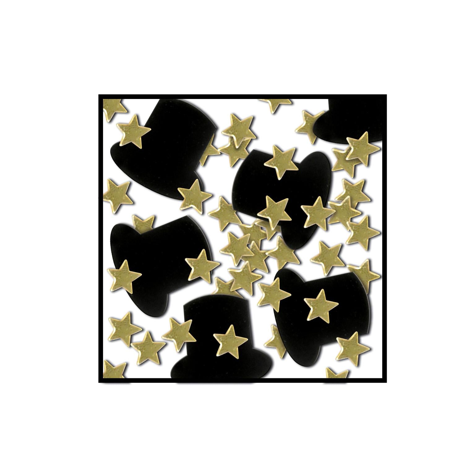 12 Pack Black & Gold Confetti Top Hats & Mini Stars - 1 Oz per Pack - Party Decorations for Birthdays, Weddings & New Year Celebrations