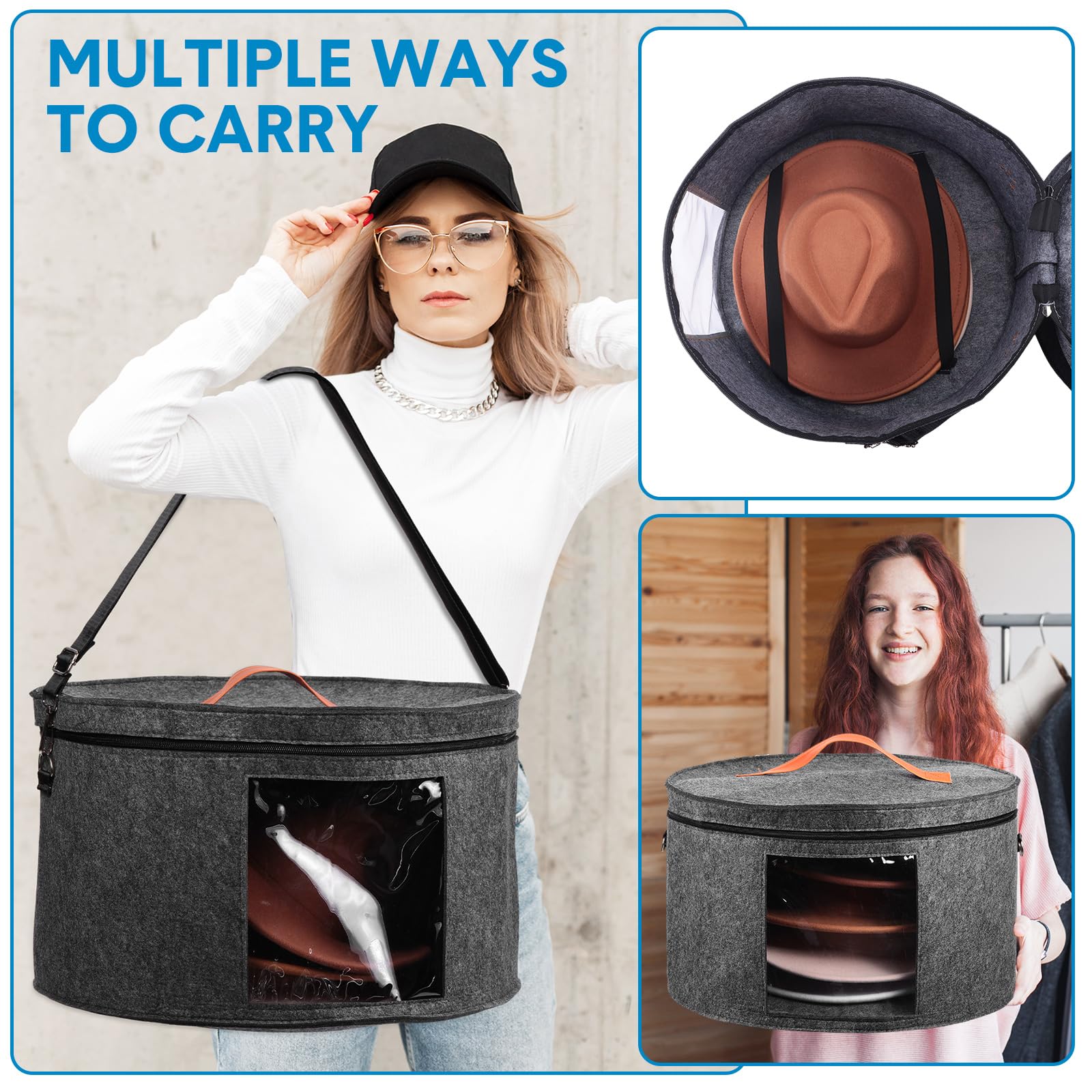 Suzile 4 Pack Large Round Foldable Felt Hat Storage Box for Women - 17 x 10 Inch Cowboy Hat Organizer with Lid, Closet Organizer for Hats, Clothes & Accessories (Gray) - Perfect for Home, Travel & Western Style Wardrobe Organization