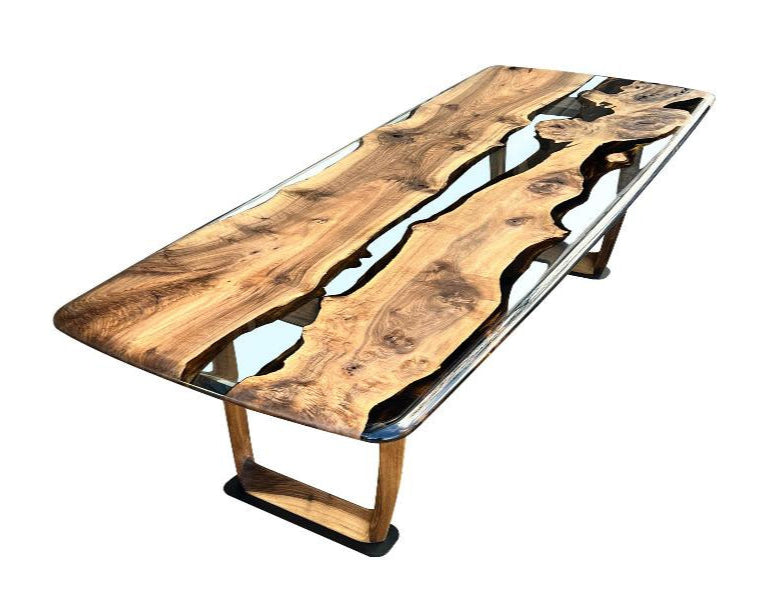 Epoxy Resin River Dining Table with Premium Walnut Wood Legs - Perfect for Modern Home Dining Room, Kitchen, and Office Spaces