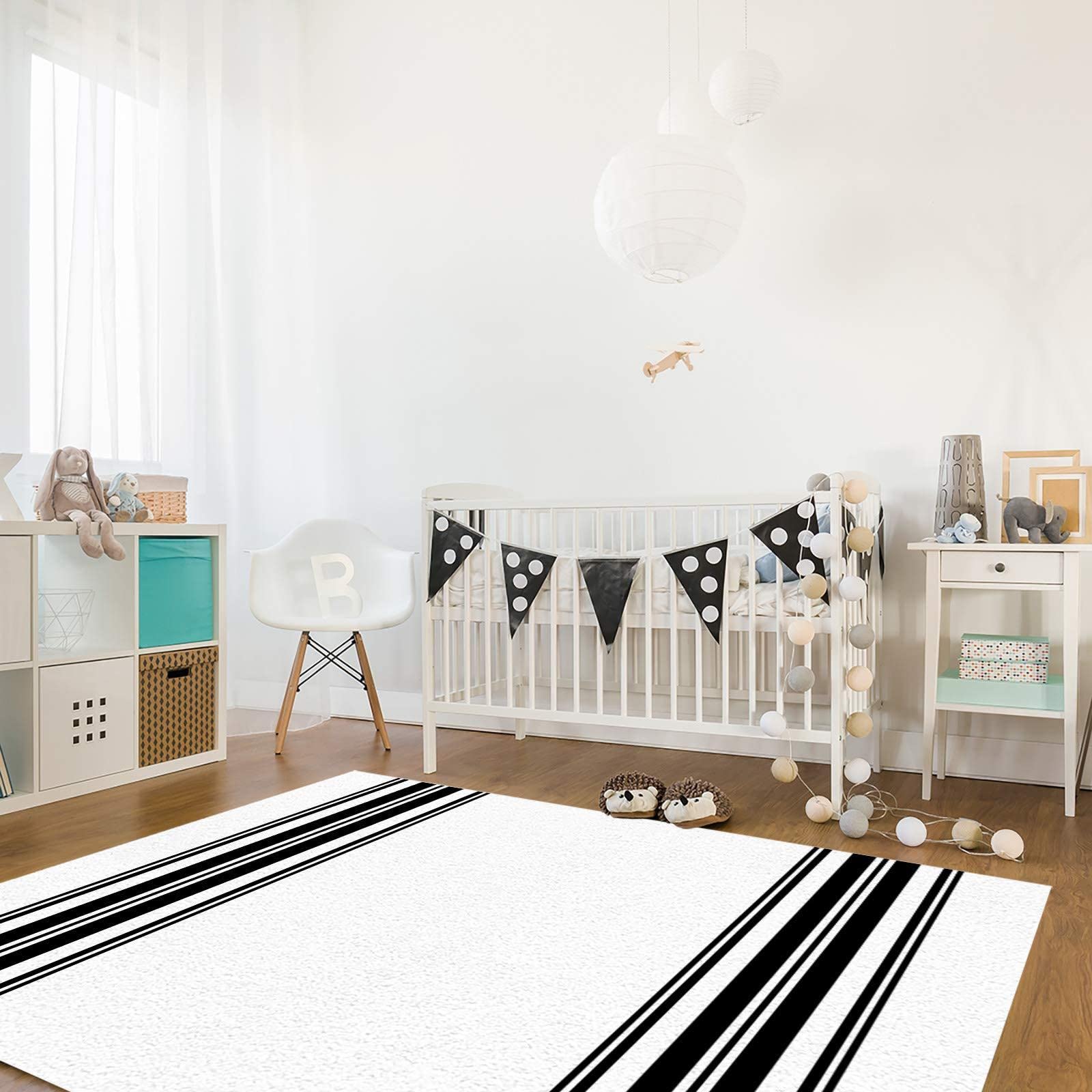 Modern Black & White Striped Area Rug - Abstract Geometric Soft Washable Carpet for Nursery, Kids Room, Living Room & Bedroom Decor - 5'3