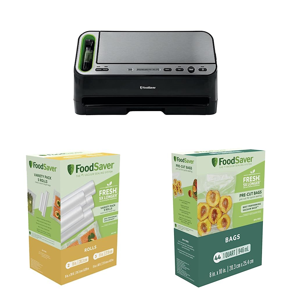 FoodSaver V4400 2-in-1 Vacuum Sealer Machine with 44 Count 1 Quart Precut Bags | Airtight Food Storage & Sous Vide | Perfect for Meal Prep, Freezing Fresh Food & Long-Term Pantry Storage