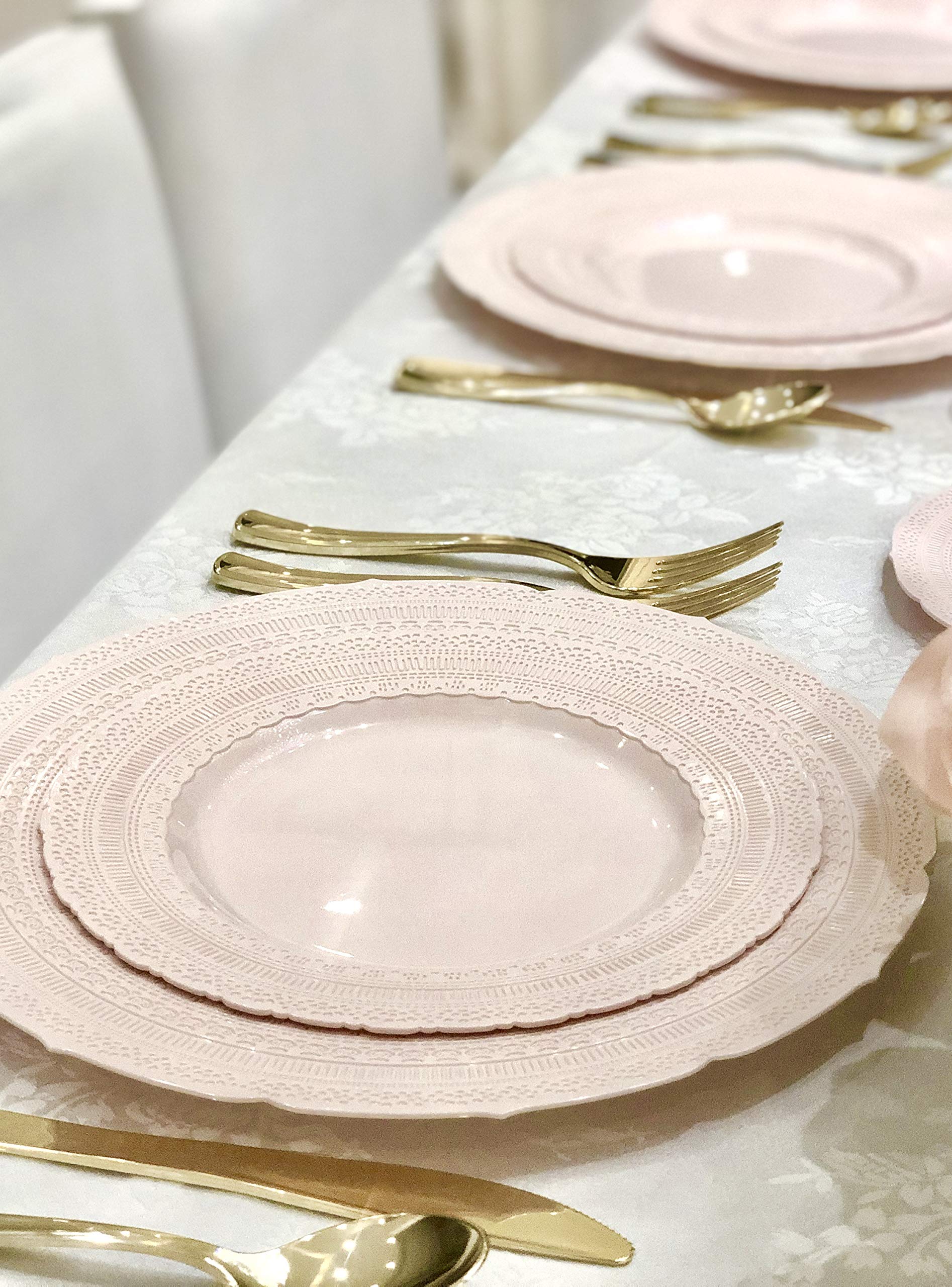 240-Pack Heavyweight Vintage Disposable Plastic Plates - 7'' Chateau Blush Pink Dessert Plates for Wedding, Party & Special Occasions | Elegant & Durable Tableware for Catering, Picnics & Events